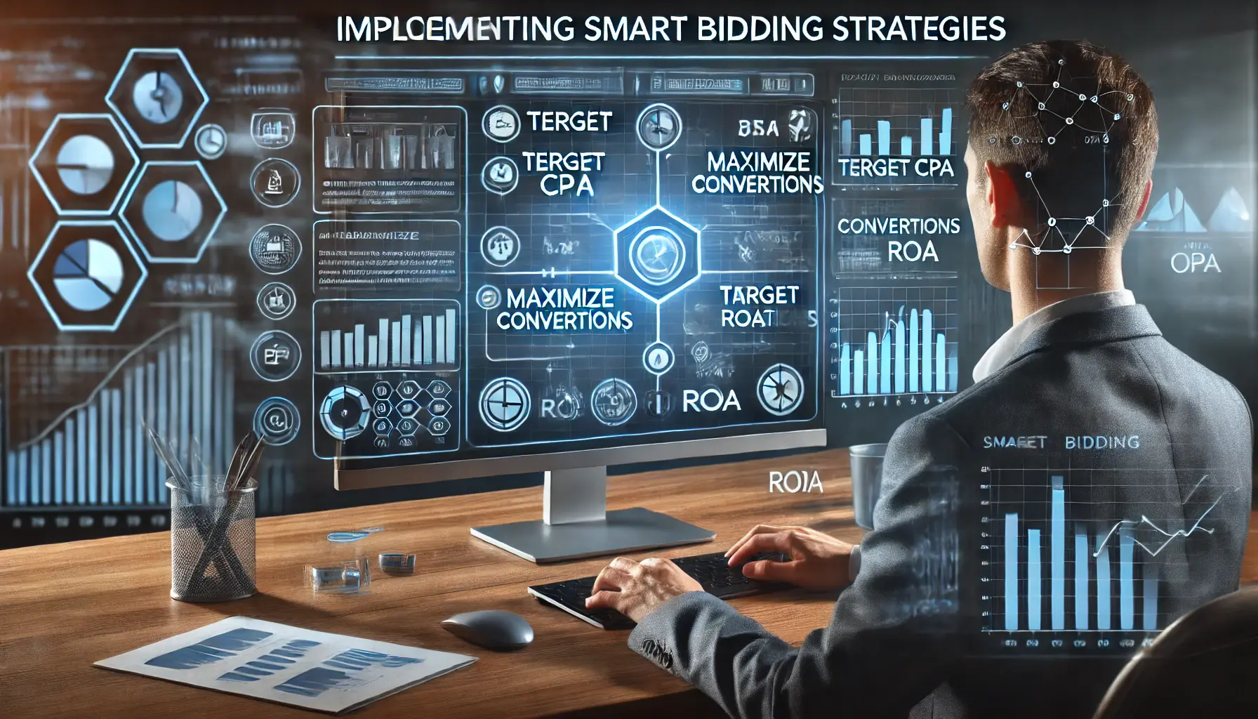 An illustration of a marketer analyzing smart bidding strategies like Target CPA and Maximize Conversions on a digital screen.