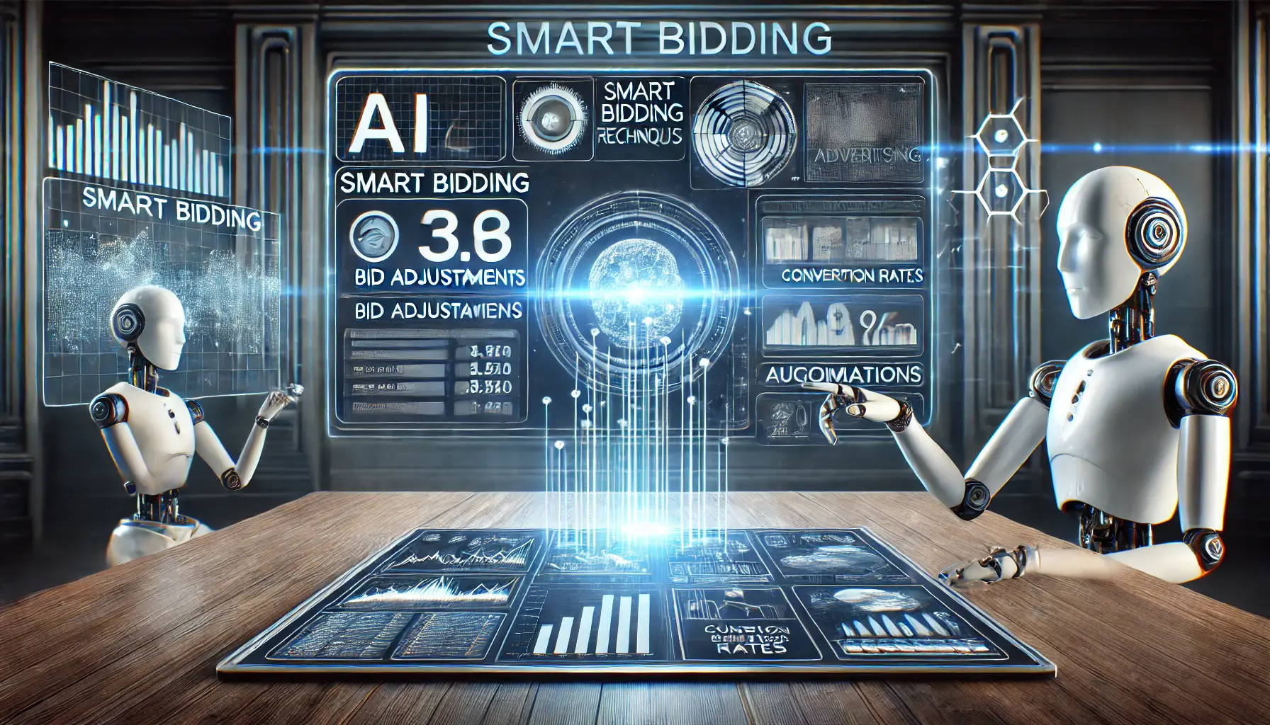 A futuristic AI-powered digital dashboard showcasing smart bidding metrics like bid adjustments, conversion rates, and audience analytics.