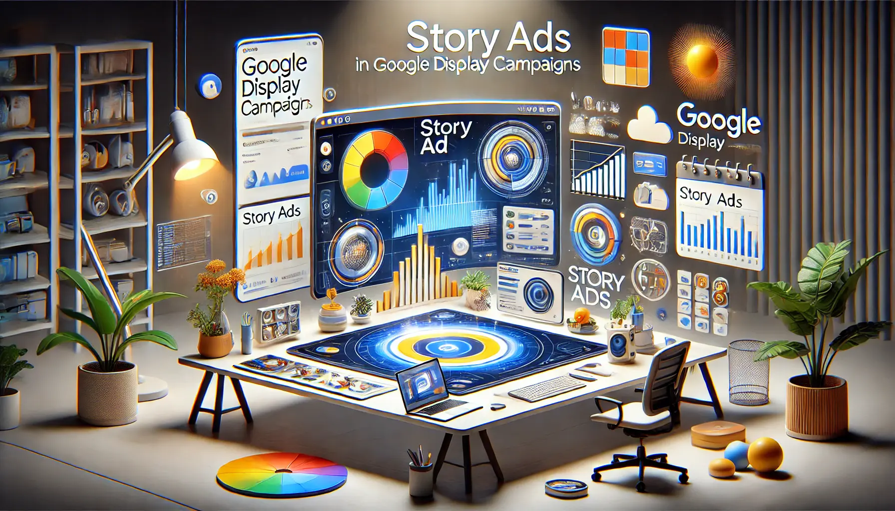 A digital workspace with a large screen displaying a Google Display campaign dashboard, featuring story ad elements, metrics, and targeting options.