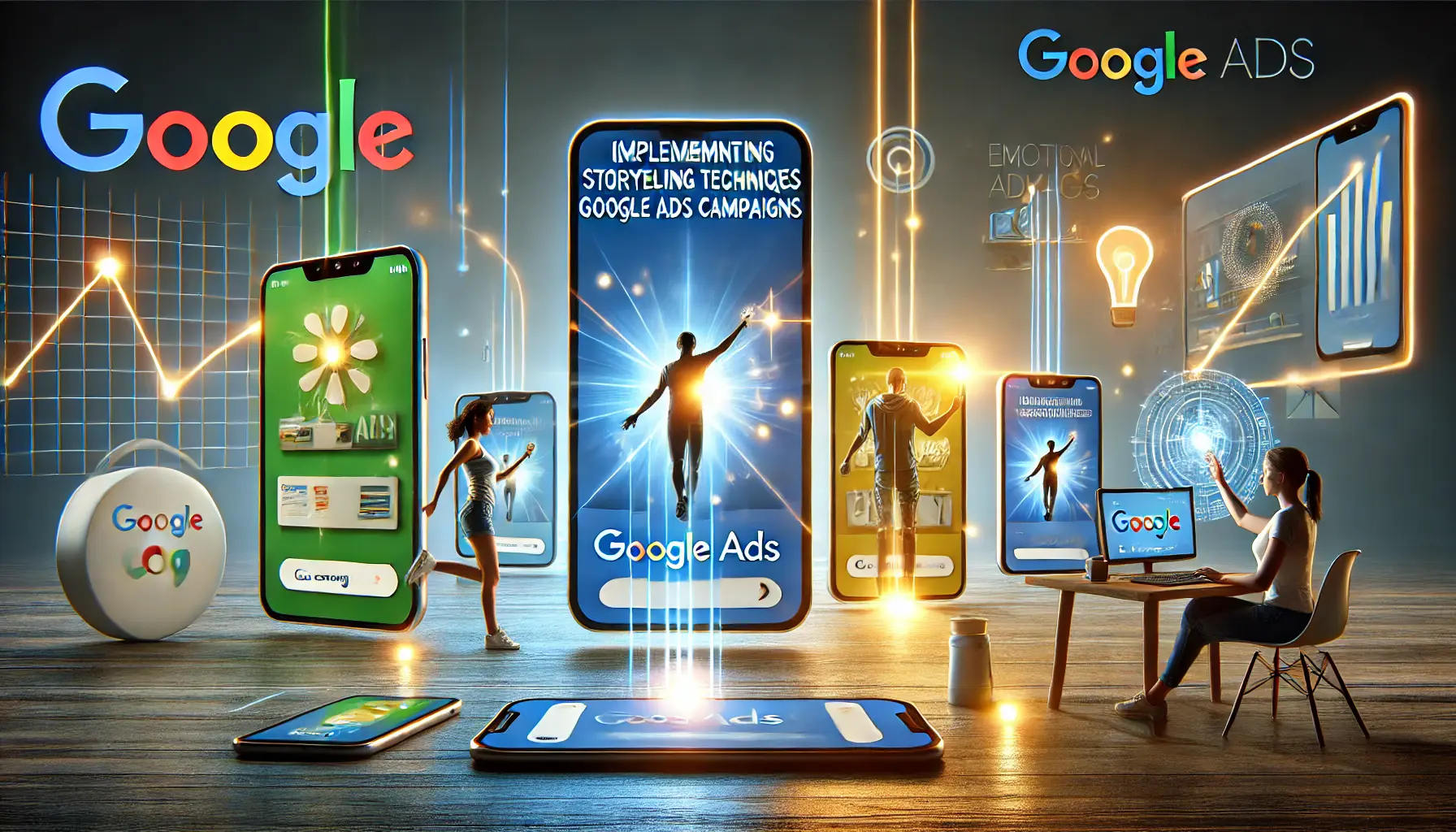 An image showing Google Ads on multiple devices, with storytelling elements like a person overcoming challenges and emotional connections, connected by glowing lines.