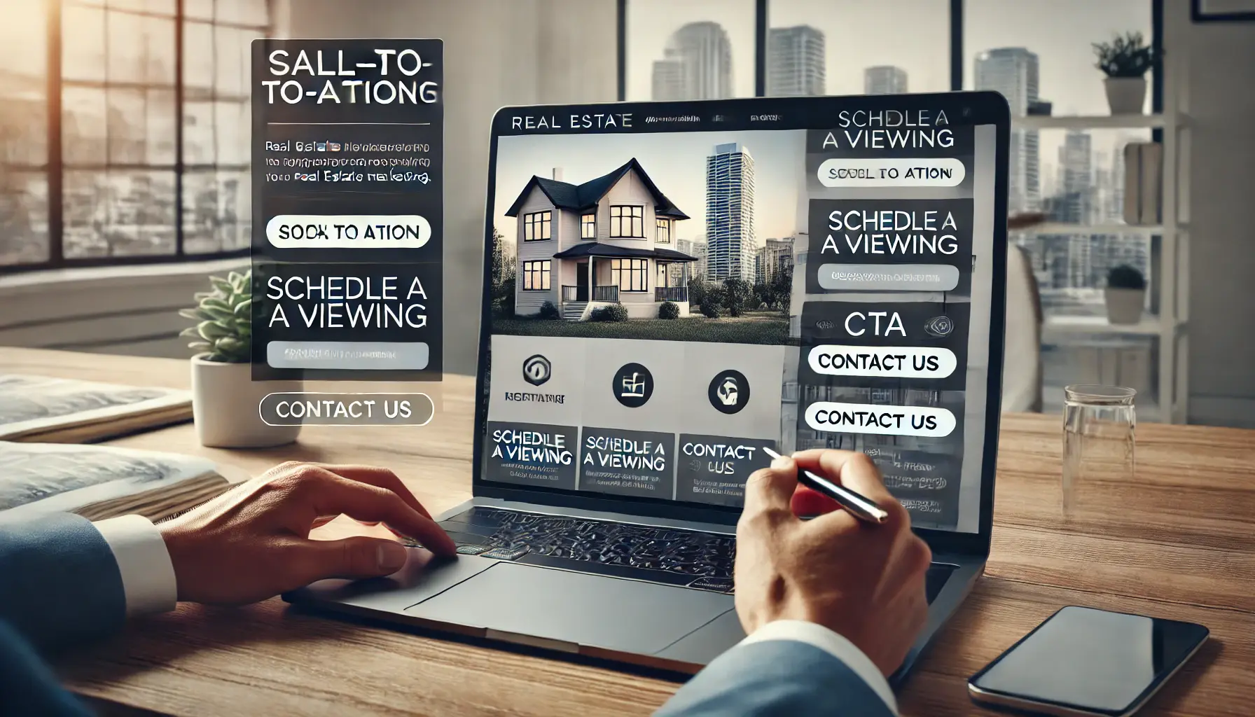 A real estate agent reviewing a landing page with prominent call-to-action buttons on a laptop.