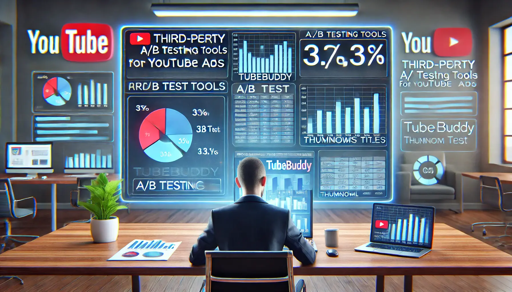 A visual representation of implementing third-party A/B testing tools for YouTube ads, showing a digital dashboard with A/B test results and a marketer analyzing the data.