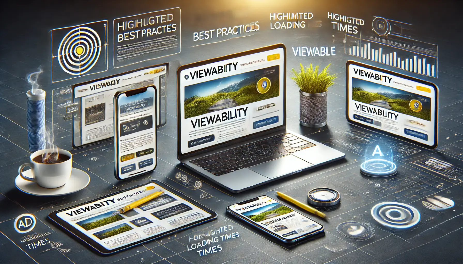 An image showing a laptop with well-positioned, easily viewable ads across different screen sizes, representing viewability best practices.