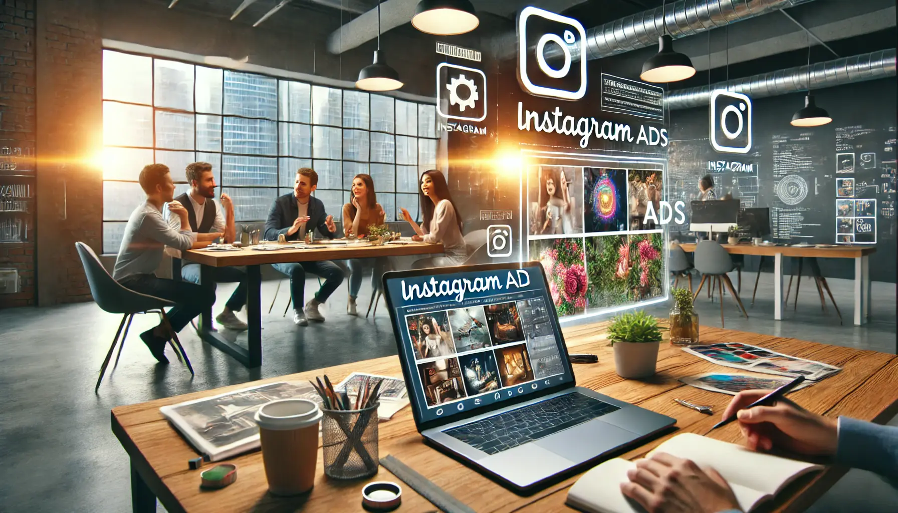 A digital marketing team discussing visual storytelling techniques for Instagram ads, with a laptop displaying high-quality visuals and engaging product images.