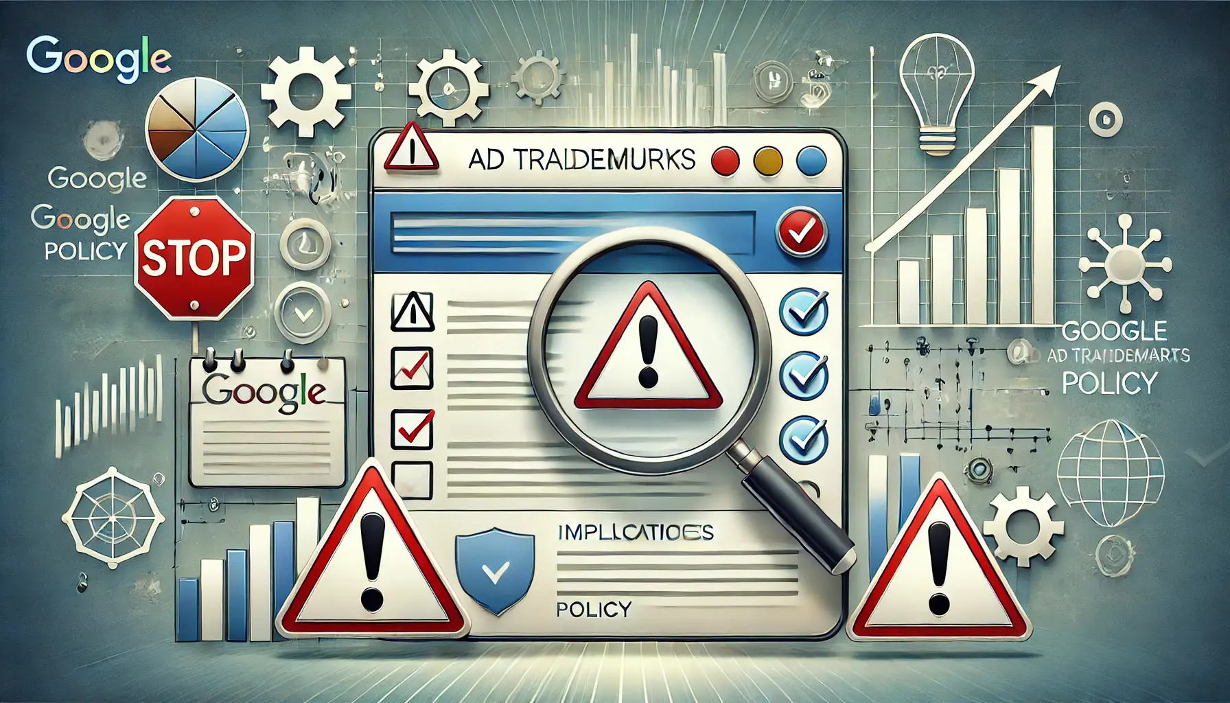 An abstract illustration of a digital ad interface with a magnifying glass examining potential issues and compliance symbols.