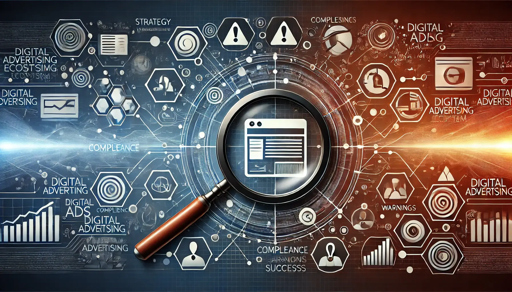 An abstract illustration of a magnifying glass examining digital ads with interconnected data lines, symbolizing advertiser implications.