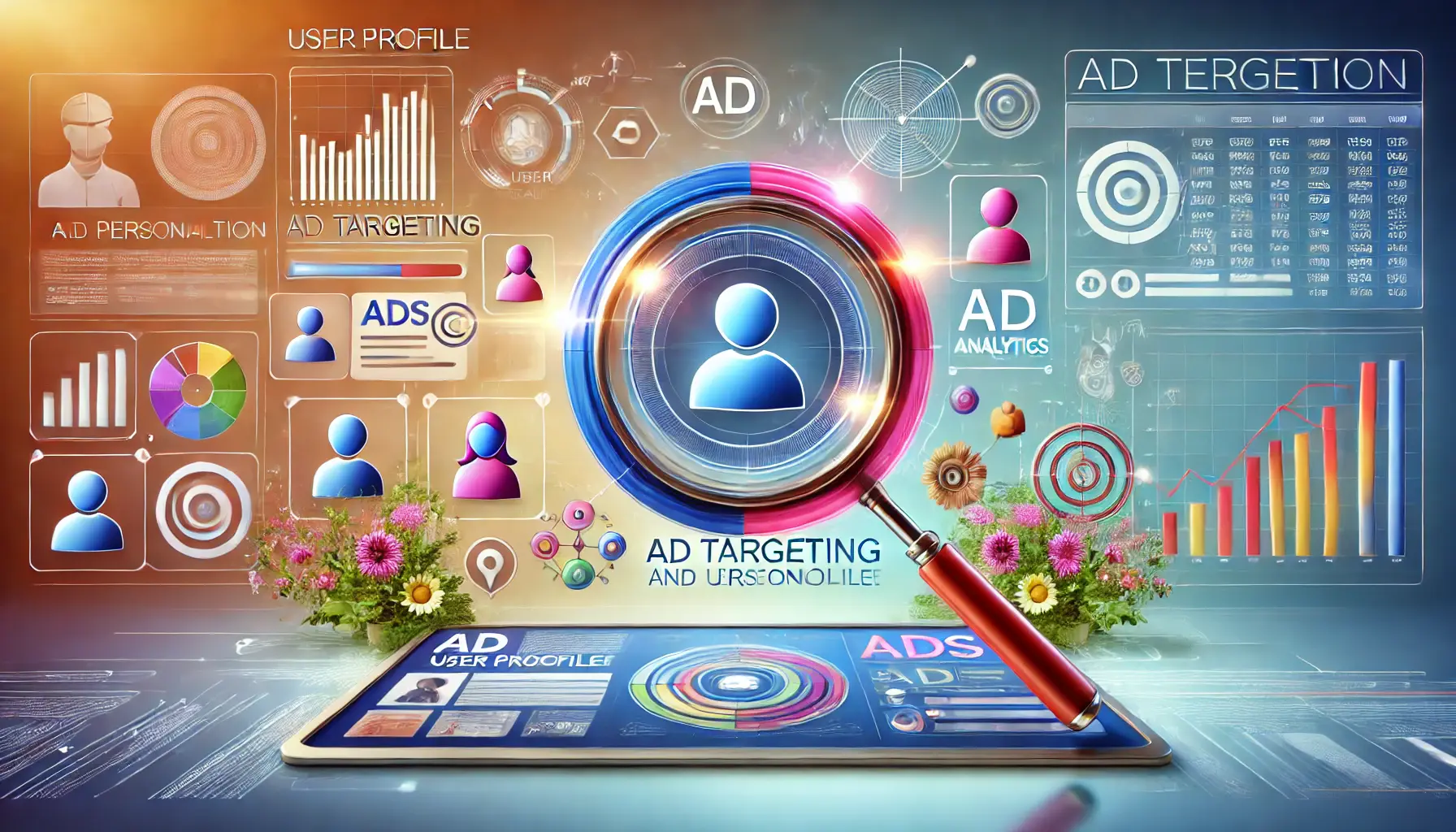 Digital artwork illustrating a dashboard with user profiles, data visualizations, and icons symbolizing ads, with a magnifying glass focusing on a specific profile to represent targeted advertising.