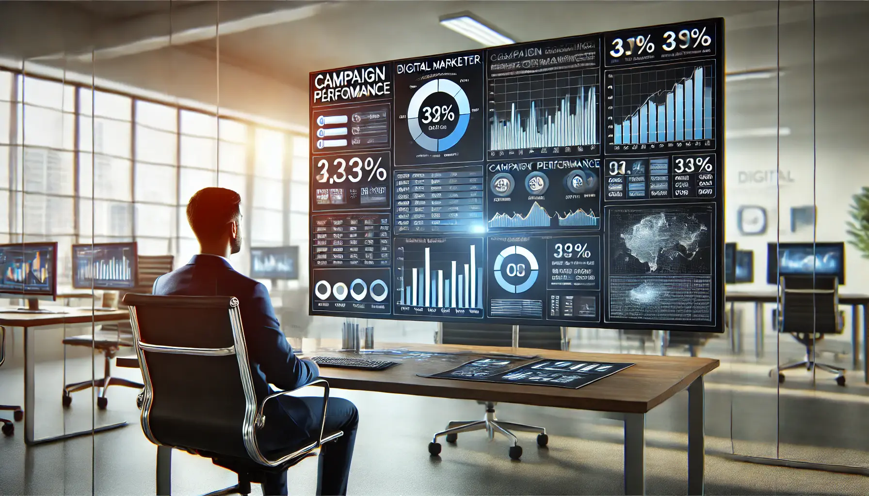 Digital marketer analyzing performance metrics on a large screen in a modern office.