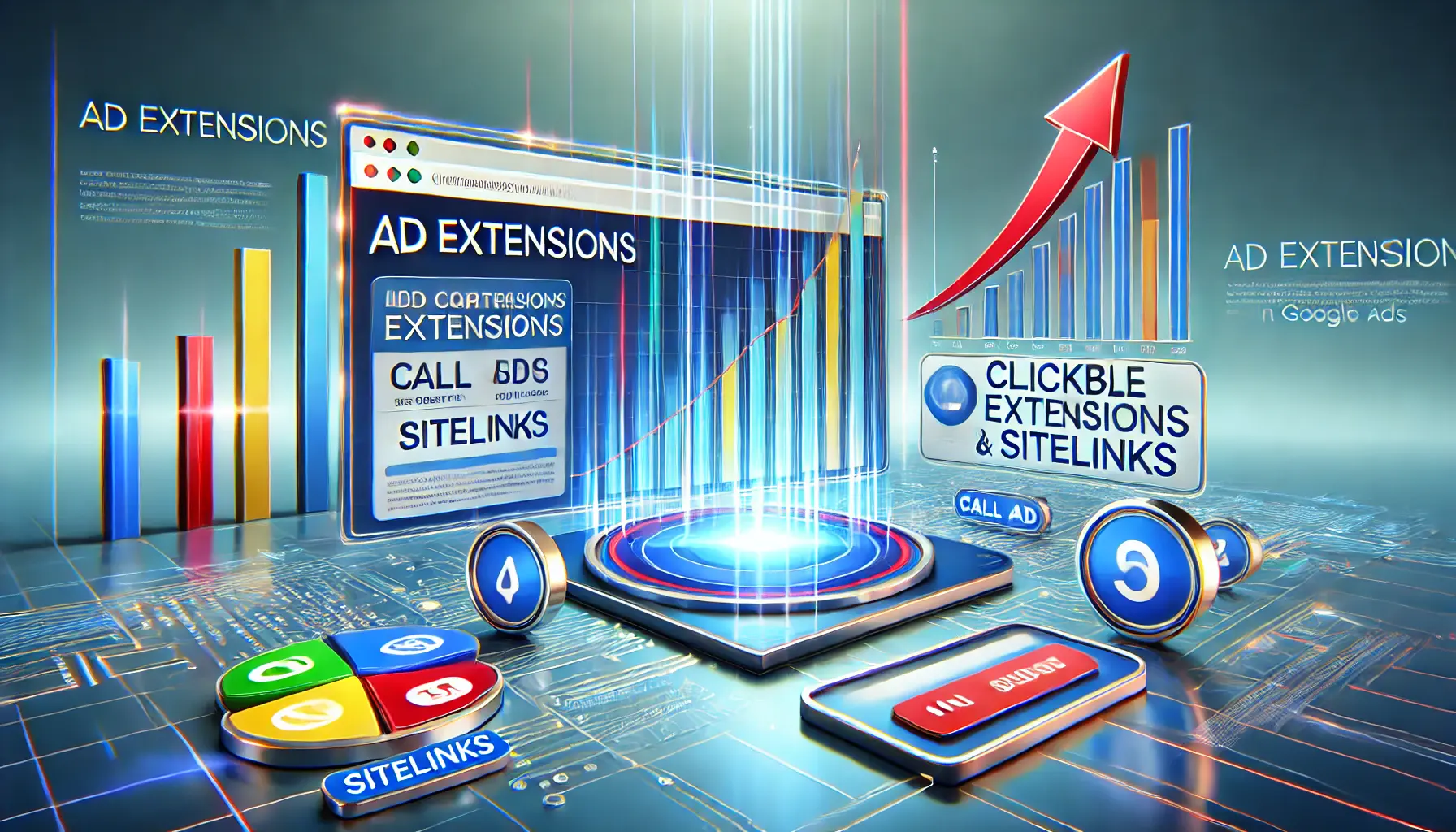 An illustration showcasing the role of ad extensions in campaign performance with a focus on analytics, clickable extensions, and increased visibility.