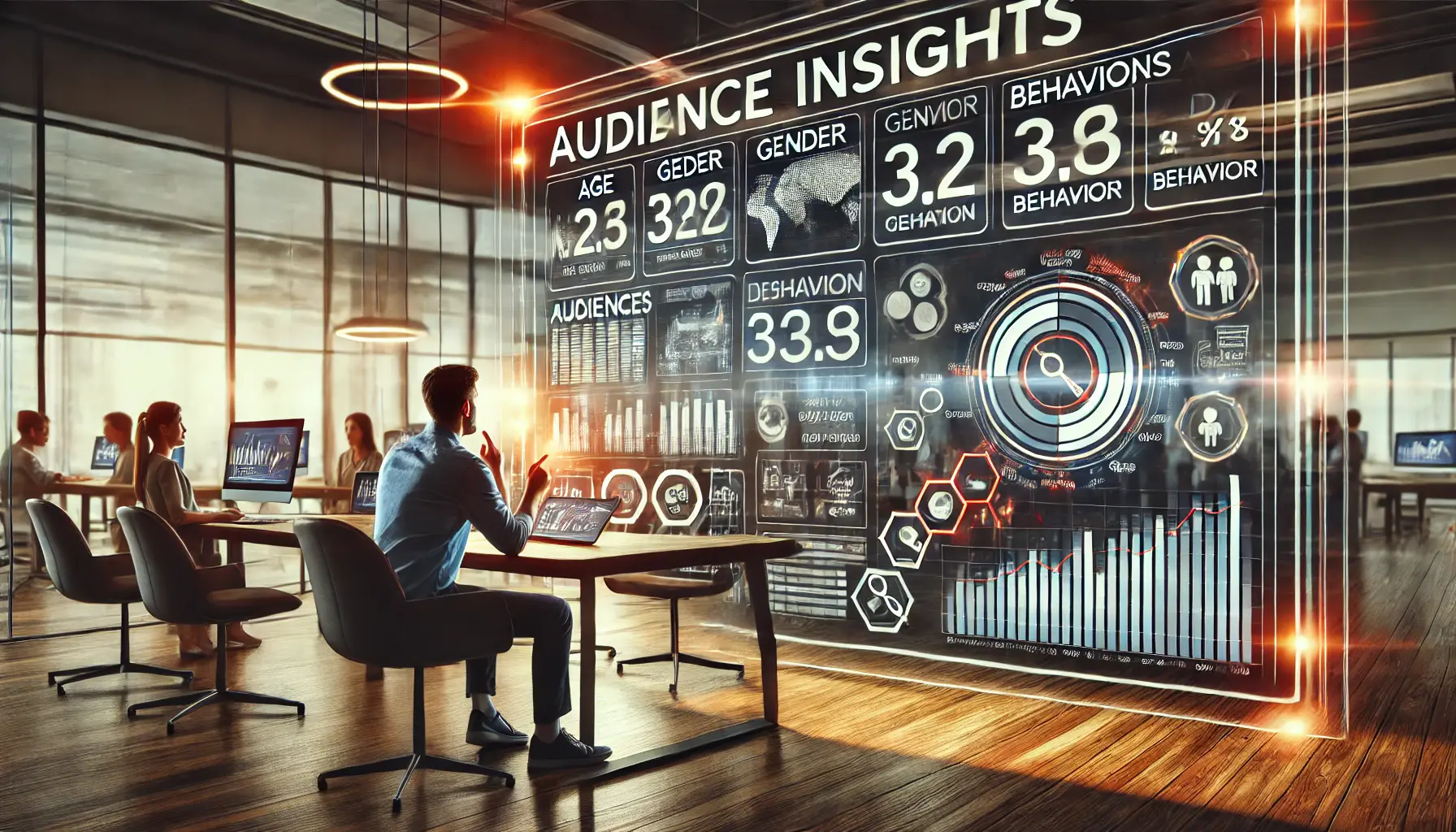 A person analyzing digital marketing data on a large screen displaying audience insights like age, gender, and behavior statistics in a modern office setting.