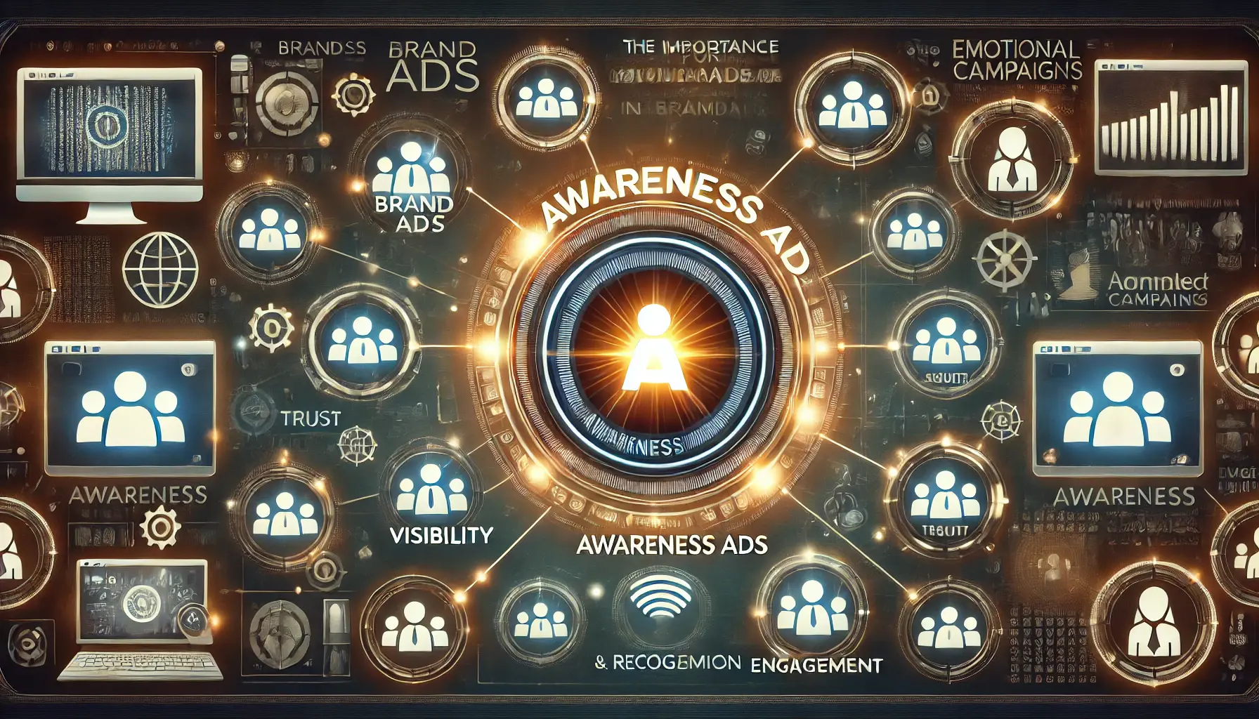 An illustration showing a glowing brand icon surrounded by interconnected users and digital screens, symbolizing trust and visibility.