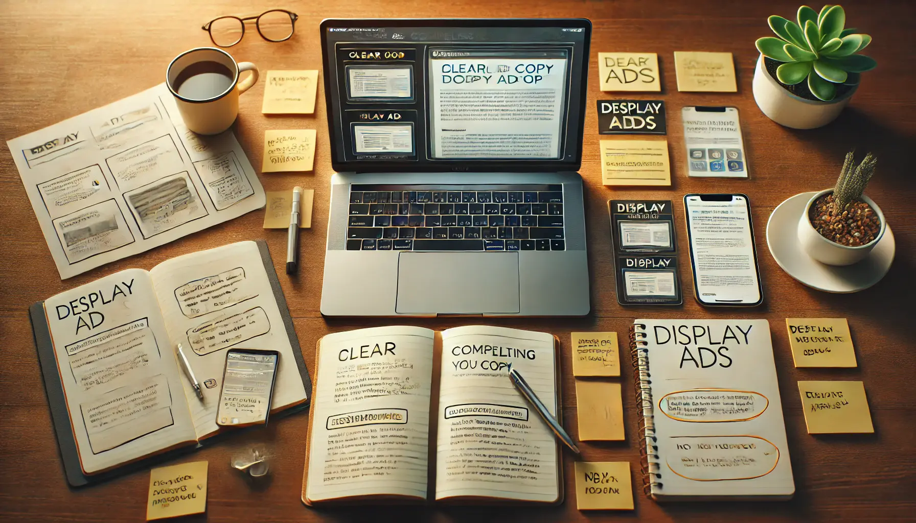 A professional workspace with a laptop showing highlighted text, a notebook, and sticky notes symbolizing clear and compelling ad copy creation.