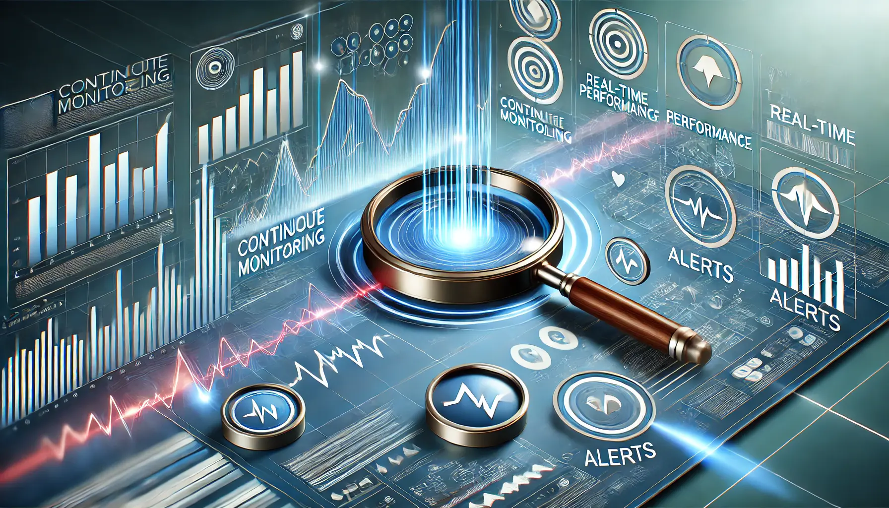 A digital dashboard showing real-time data tracking, fluctuating performance metrics, and alert icons representing continuous monitoring.