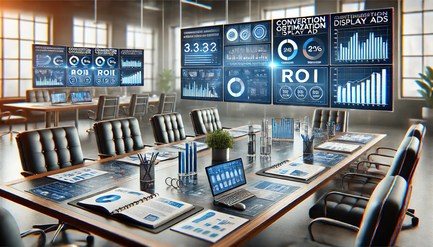 A digital marketing dashboard with performance metrics like conversion rates, ROI, and engagement statistics displayed on multiple screens in a modern office environment.