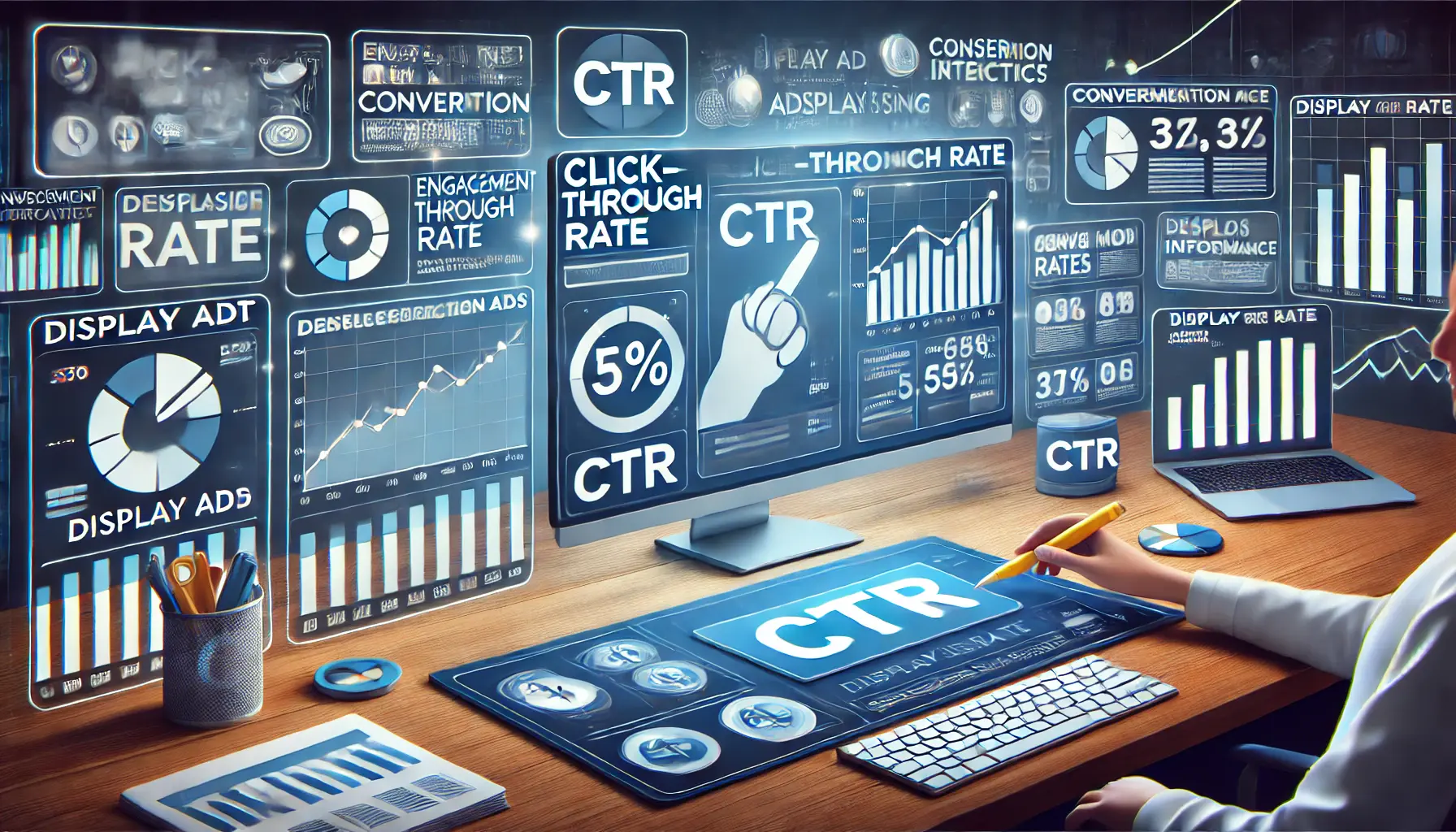 A digital dashboard highlighting the significance of Click-Through Rate (CTR) in display advertising with engagement metrics and performance graphs