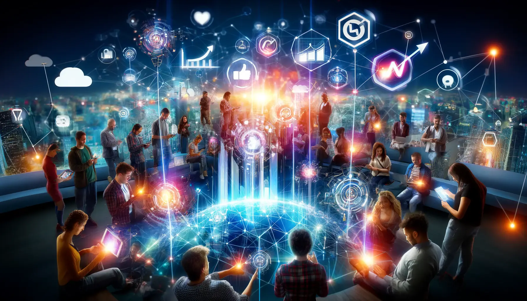 A group of people interacting with digital devices surrounded by engagement icons and glowing analytics representing the impact of engagement in digital campaigns.