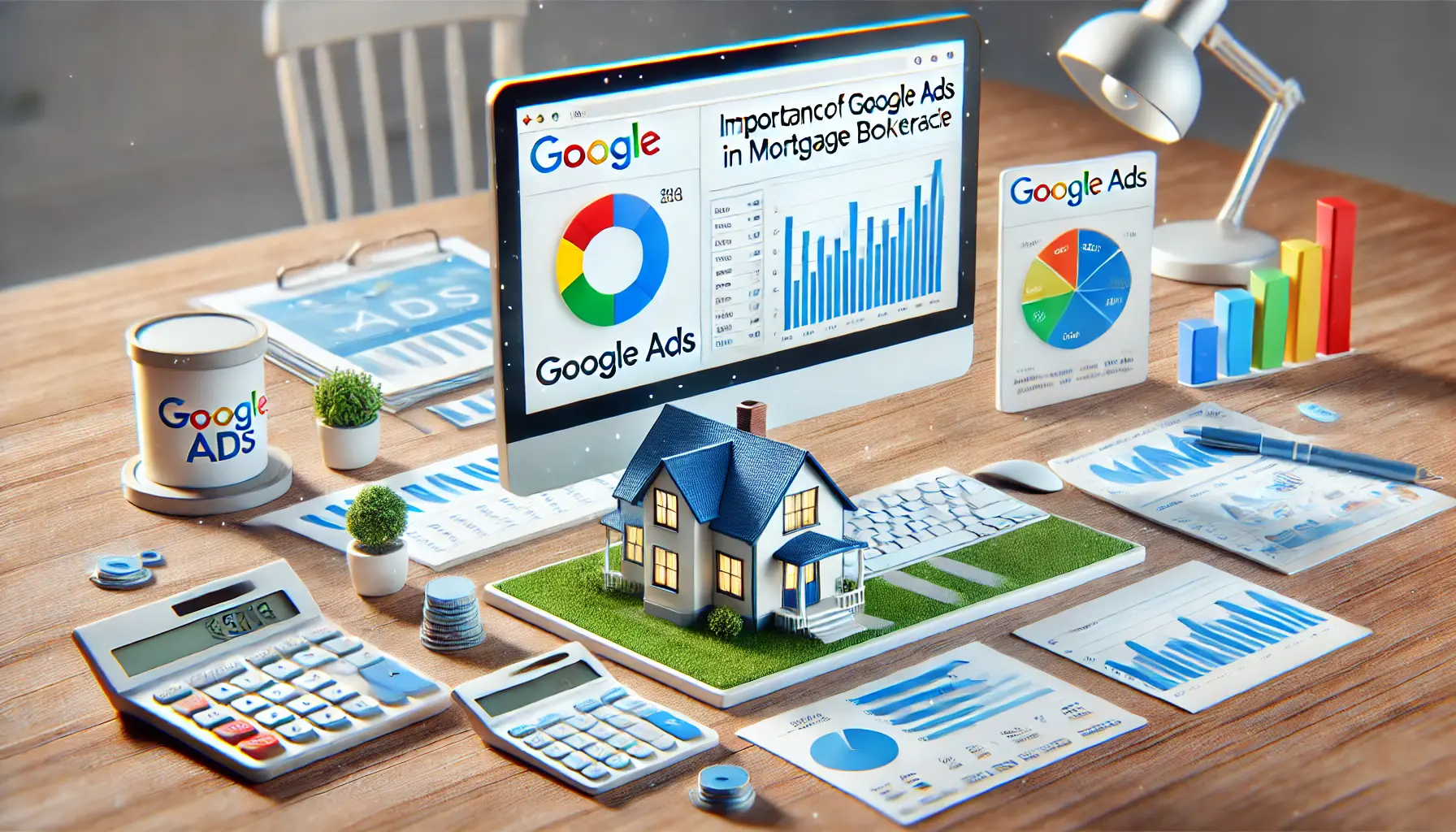 A professional office setup with a computer screen displaying Google Ads analytics, surrounded by a house model, financial documents, and a calculator.