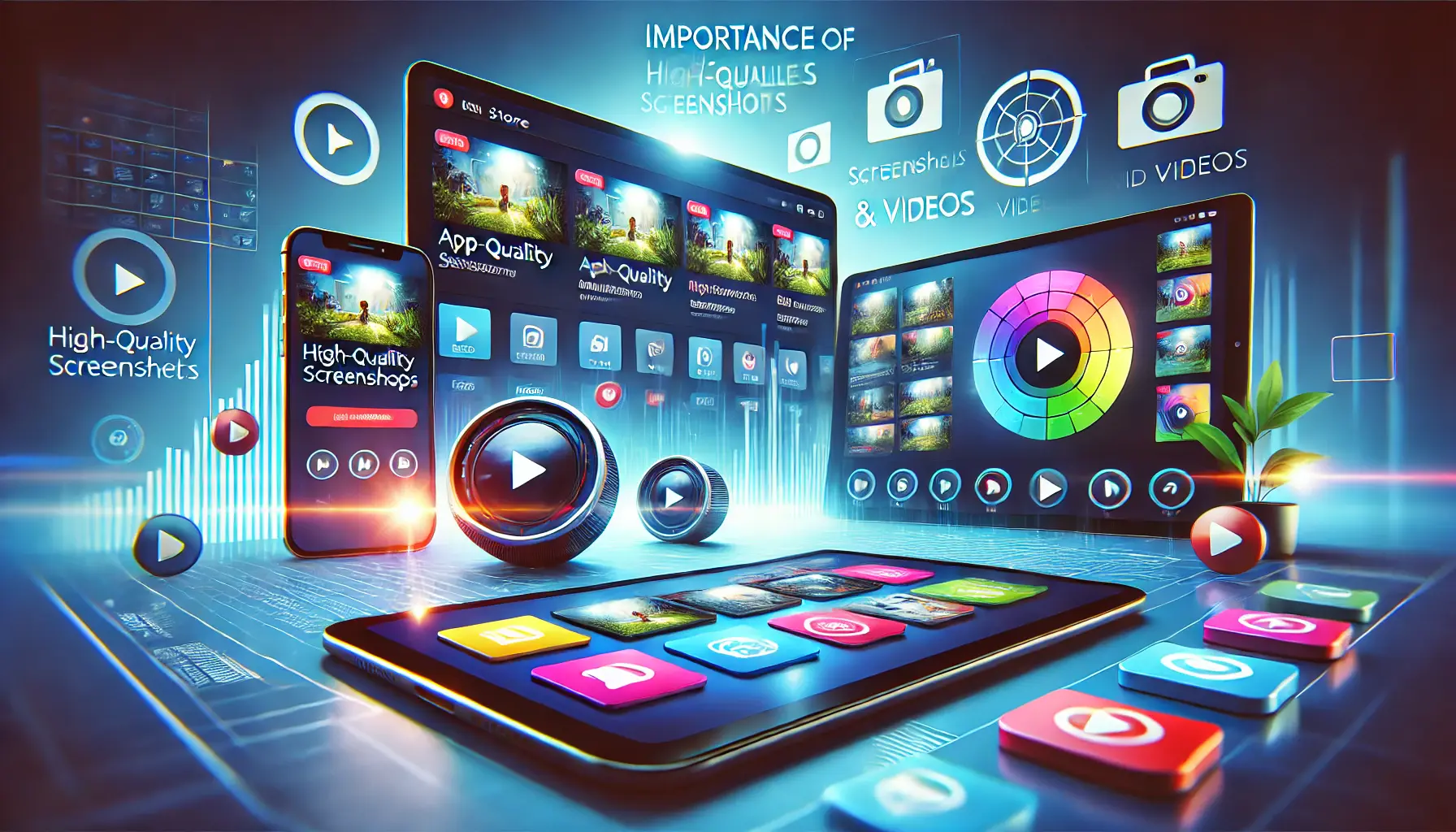 A smartphone and tablet showcasing vibrant app store pages with high-quality screenshots and video thumbnails, emphasizing multimedia appeal.