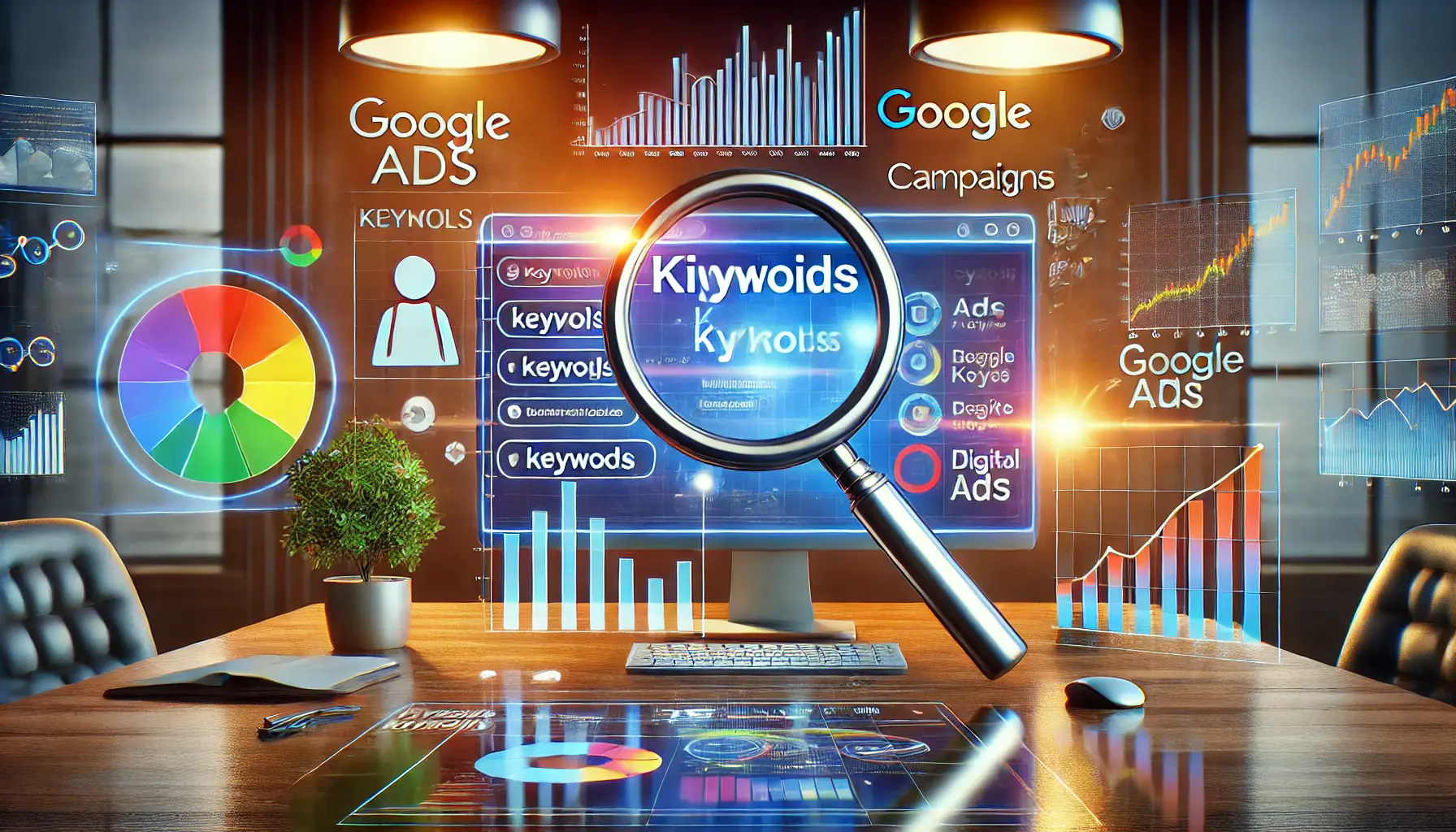 A digital dashboard showcasing graphs, metrics, and highlighted keywords symbolizing their importance in Google Ads campaigns.