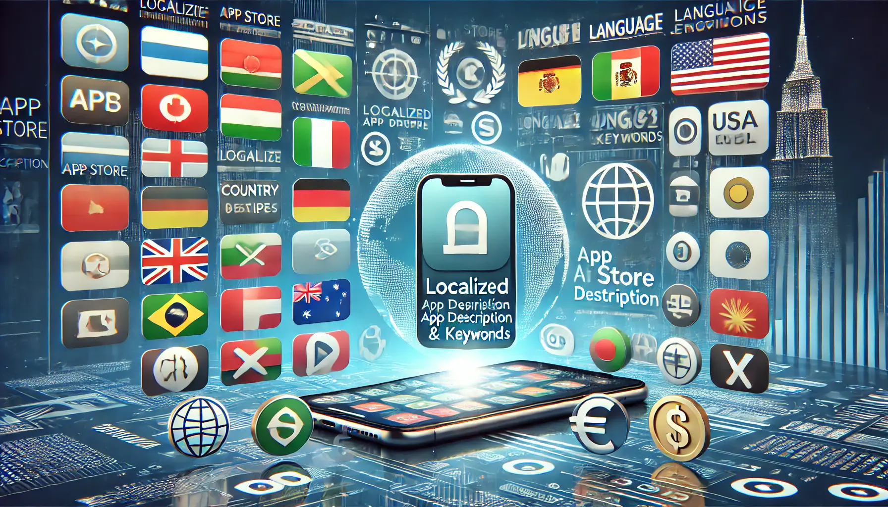 A digital concept showing a smartphone displaying a localized app description, surrounded by elements like country flags, currency symbols, and language icons, symbolizing app localization.