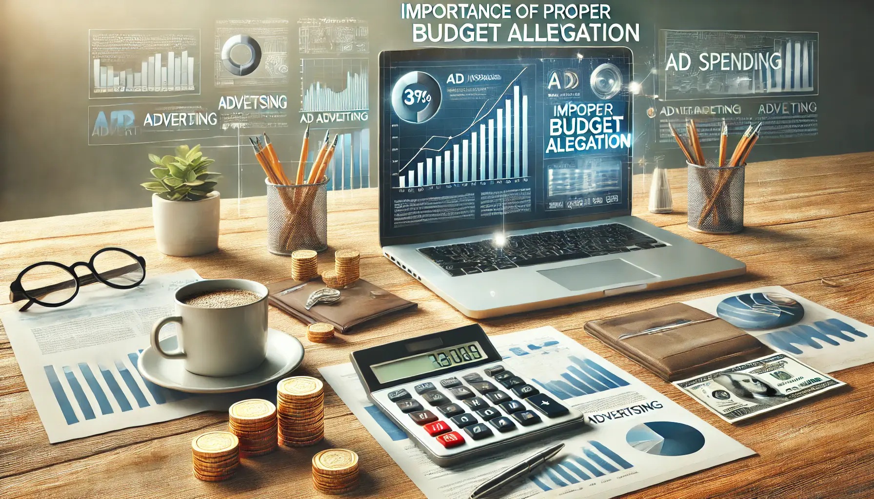 A workspace with a calculator, laptop showing ad spending charts, and coins symbolizing budget allocation, emphasizing strategic financial planning.