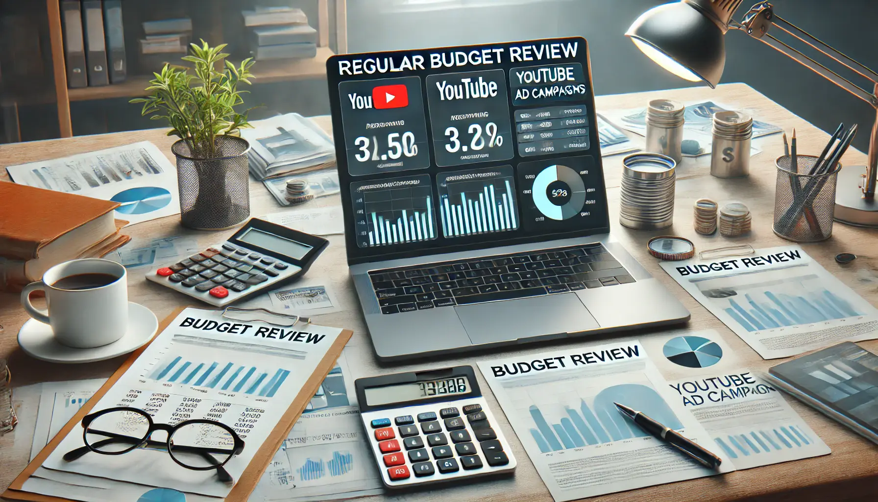 A workspace with a laptop displaying a budget review dashboard with graphs and charts, financial documents, a calculator, and a cup of coffee, illustrating the importance of regular budget reviews for YouTube ad campaigns.