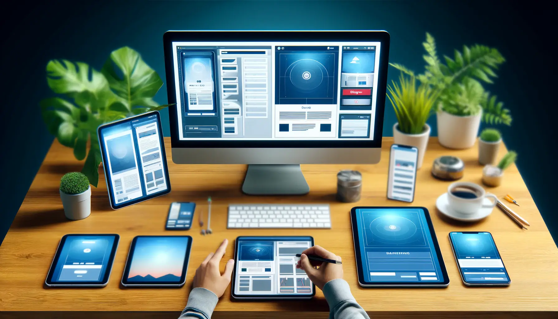 Image showing a designer working on a digital ad, adjusting its layout for various devices like desktop, tablet, and mobile, emphasizing responsive design.