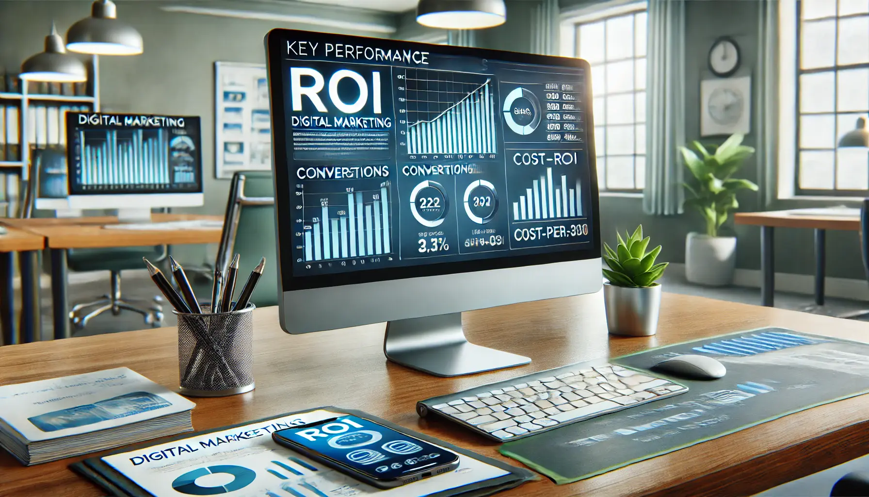 A modern digital marketing workspace showing a dashboard with ROI metrics and documents with analytics charts.