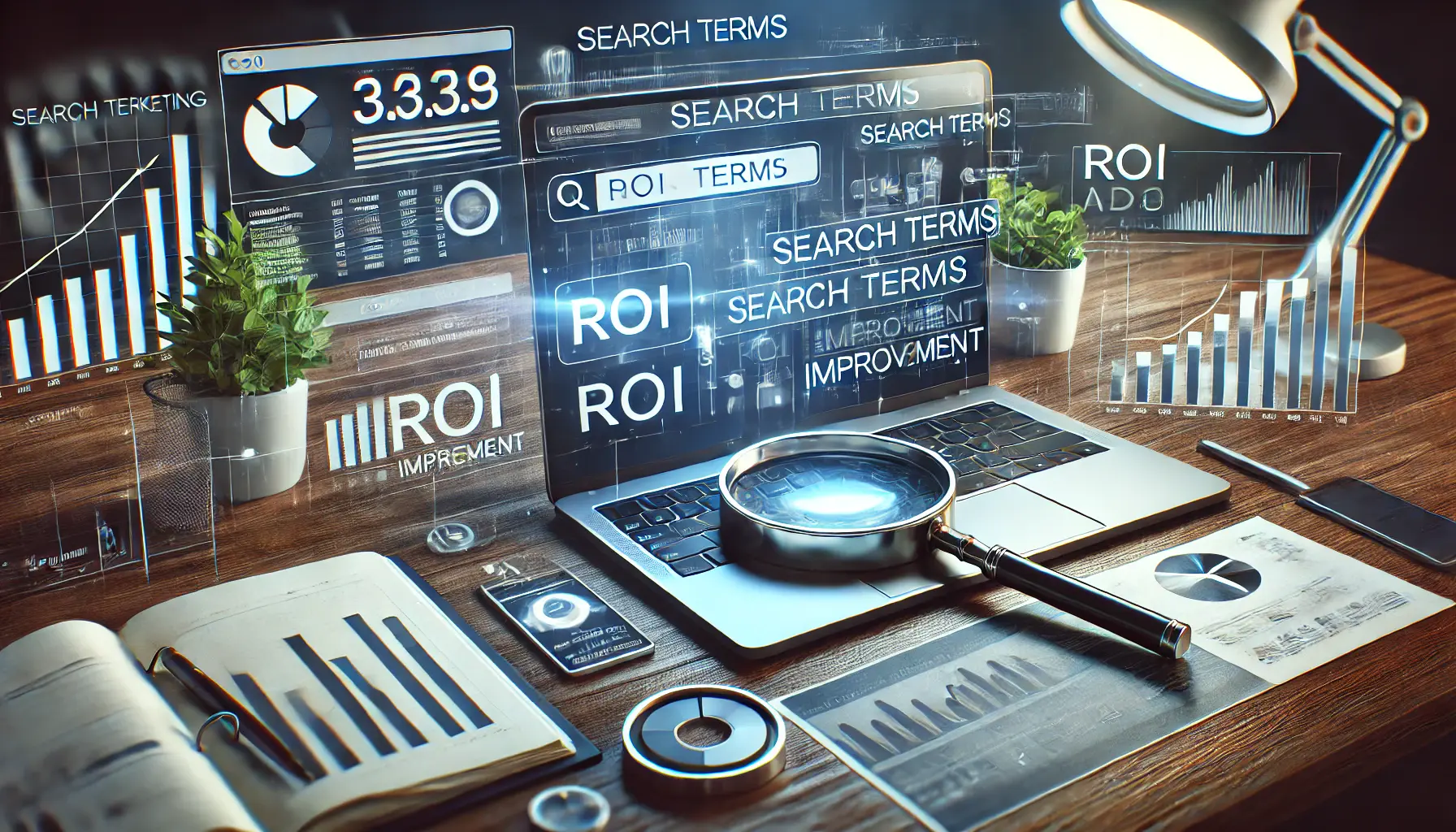 A professional workspace showing a laptop with analytics data, a magnifying glass highlighting a digital ad, and charts demonstrating ROI improvement.