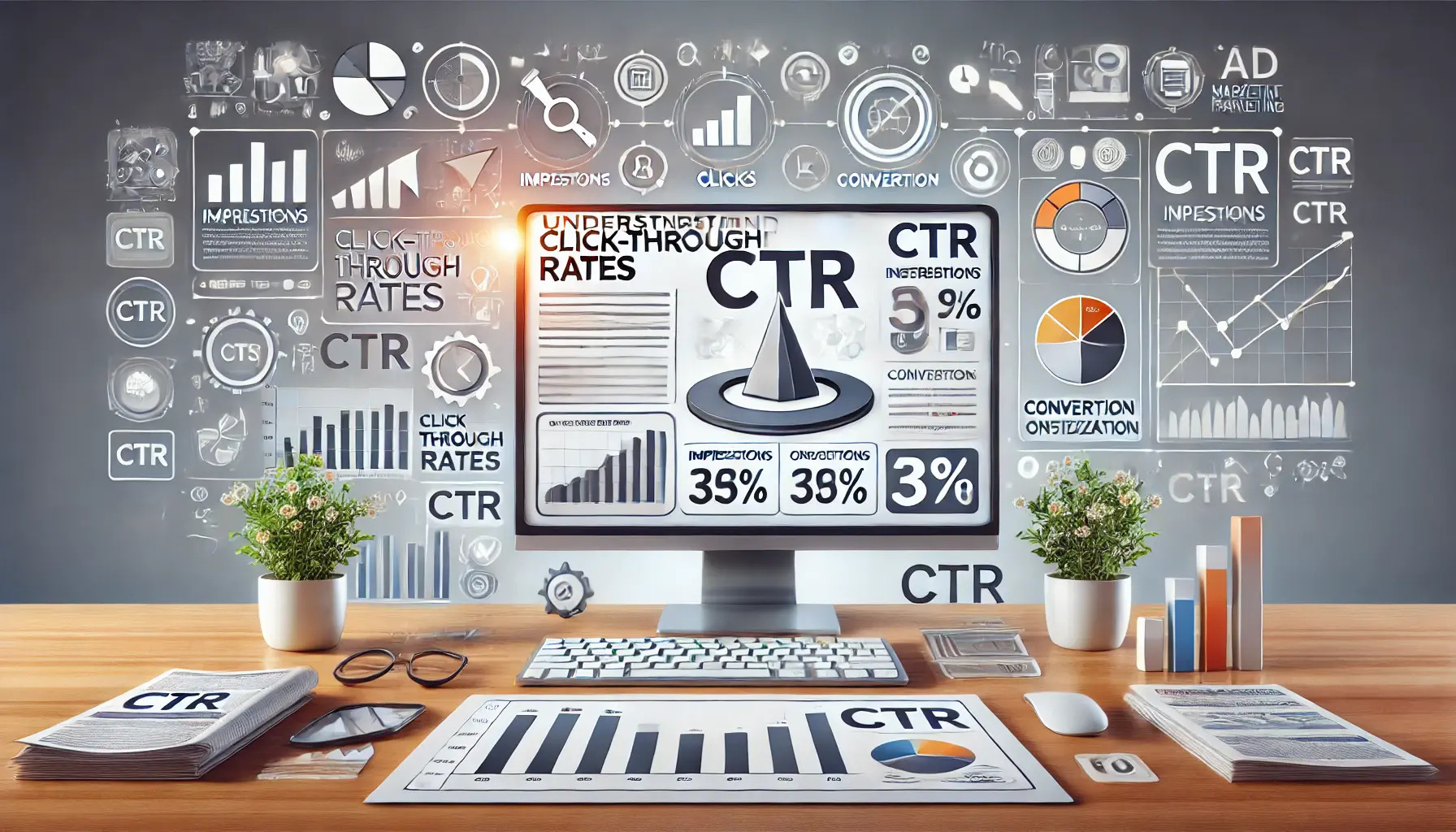 An illustration showing the importance of understanding click-through rates (CTR) with a dashboard displaying CTR metrics, impressions, clicks, and conversion rates.