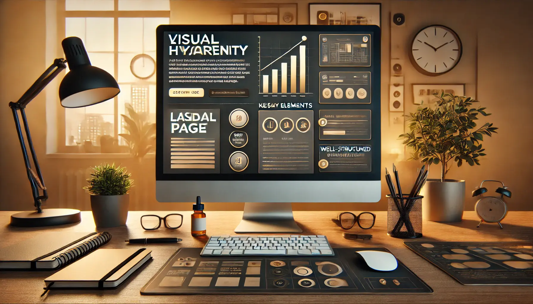 A workspace with a high-resolution screen displaying a landing page design that emphasizes bold headlines, prominent call-to-actions, and structured content for visual hierarchy.