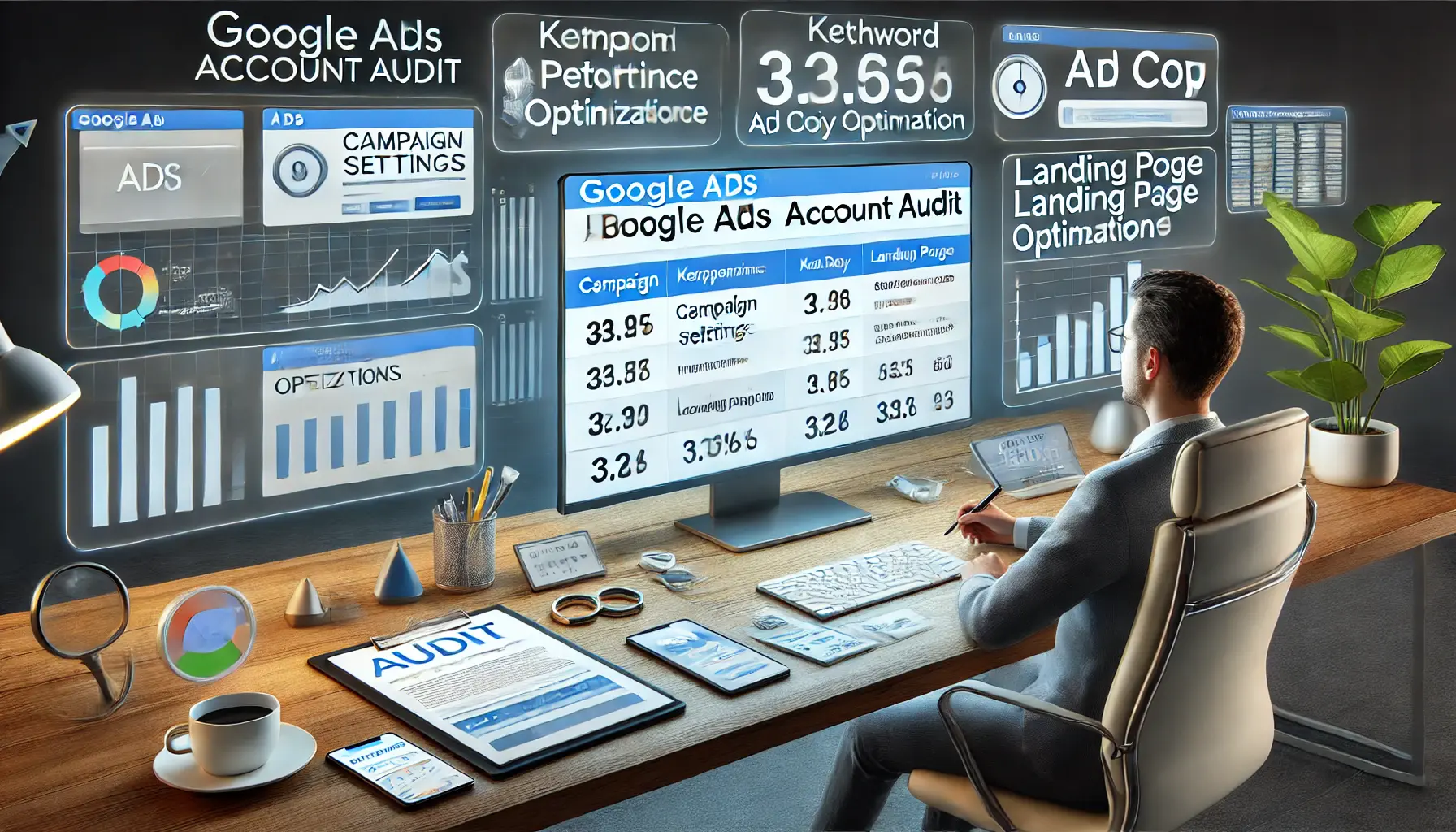 A digital marketer analyzing key elements during a Google Ads audit, including campaign settings, keyword performance, and landing page metrics.