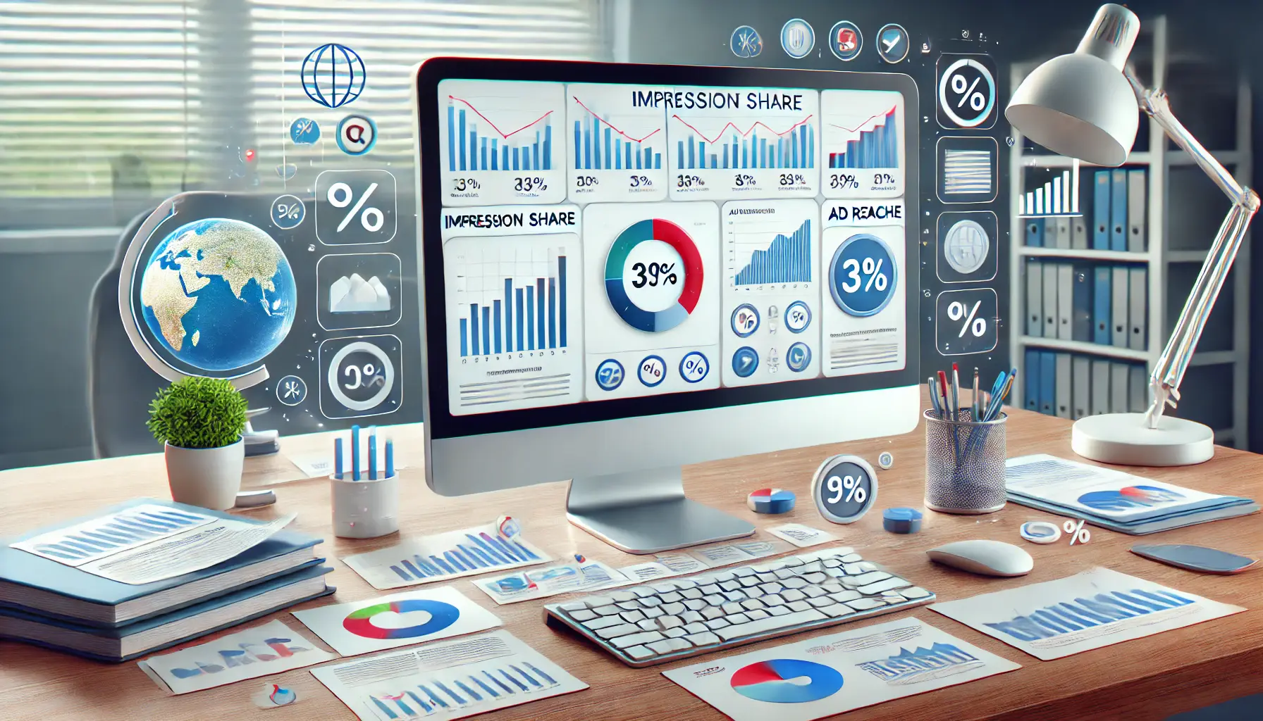 A workspace featuring a desktop screen displaying analytics dashboards with metrics highlighting ad reach and visibility.