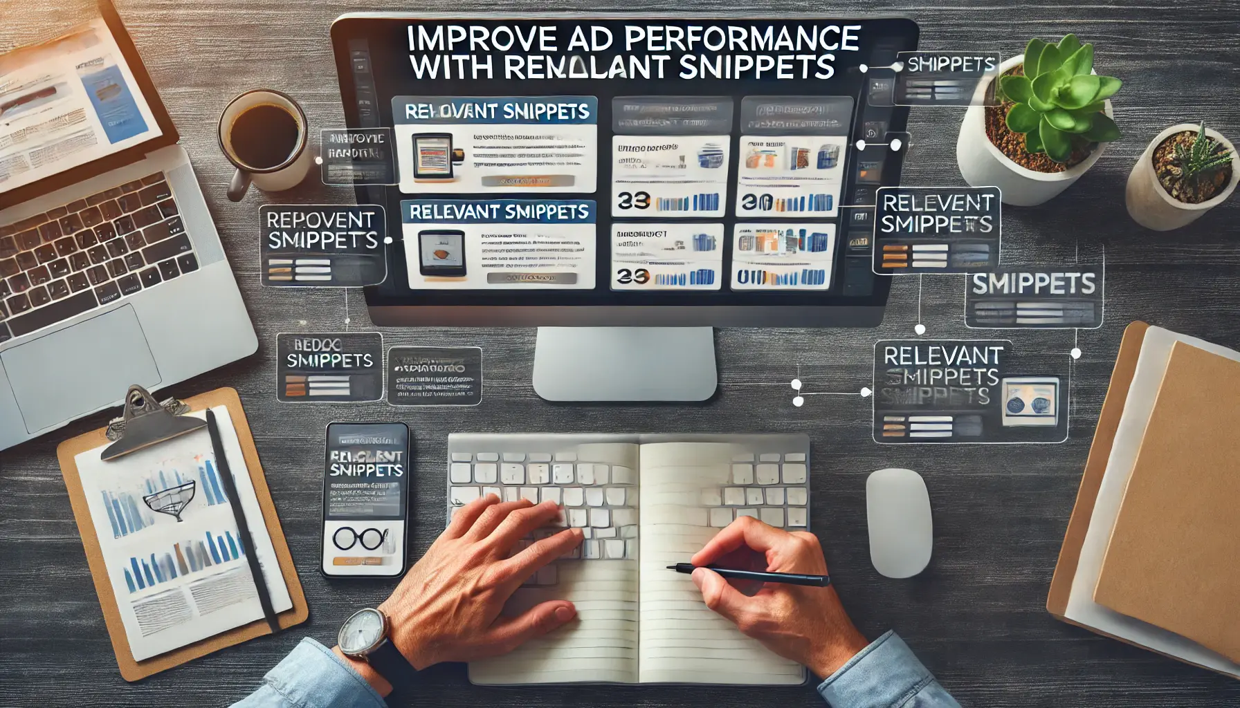 A digital marketer reviewing an ad campaign with relevant snippets displayed alongside the ad in a modern workspace.