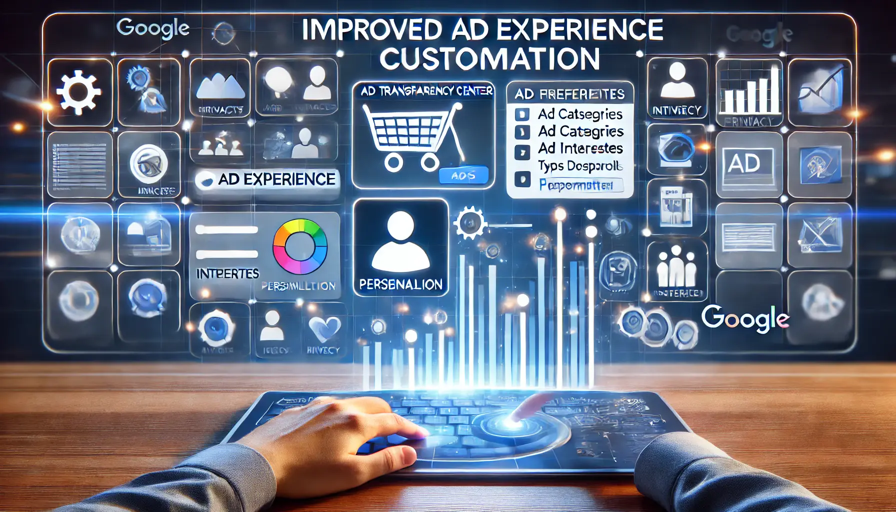 A conceptual visualization of improved ad experience customization, with a user adjusting ad preferences and settings in a digital interface.