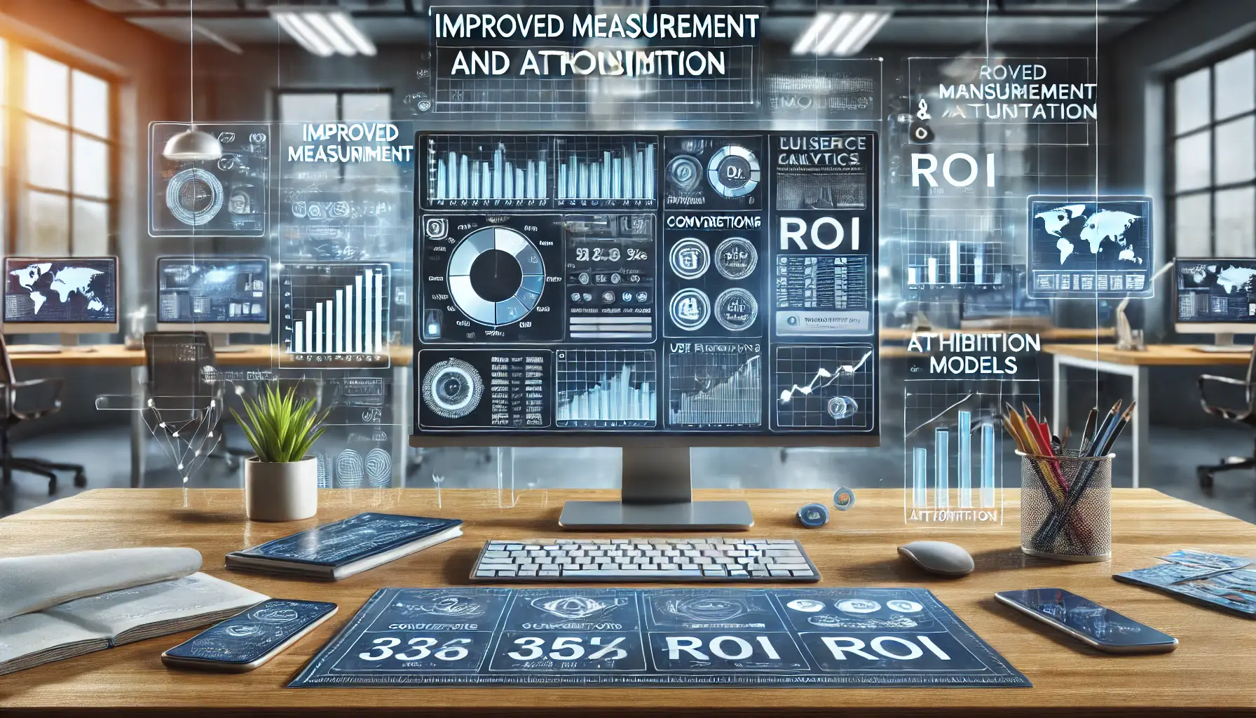 A digital illustration of a digital marketing workspace with a computer screen displaying advanced analytics dashboards, including graphs, performance charts, and attribution models.