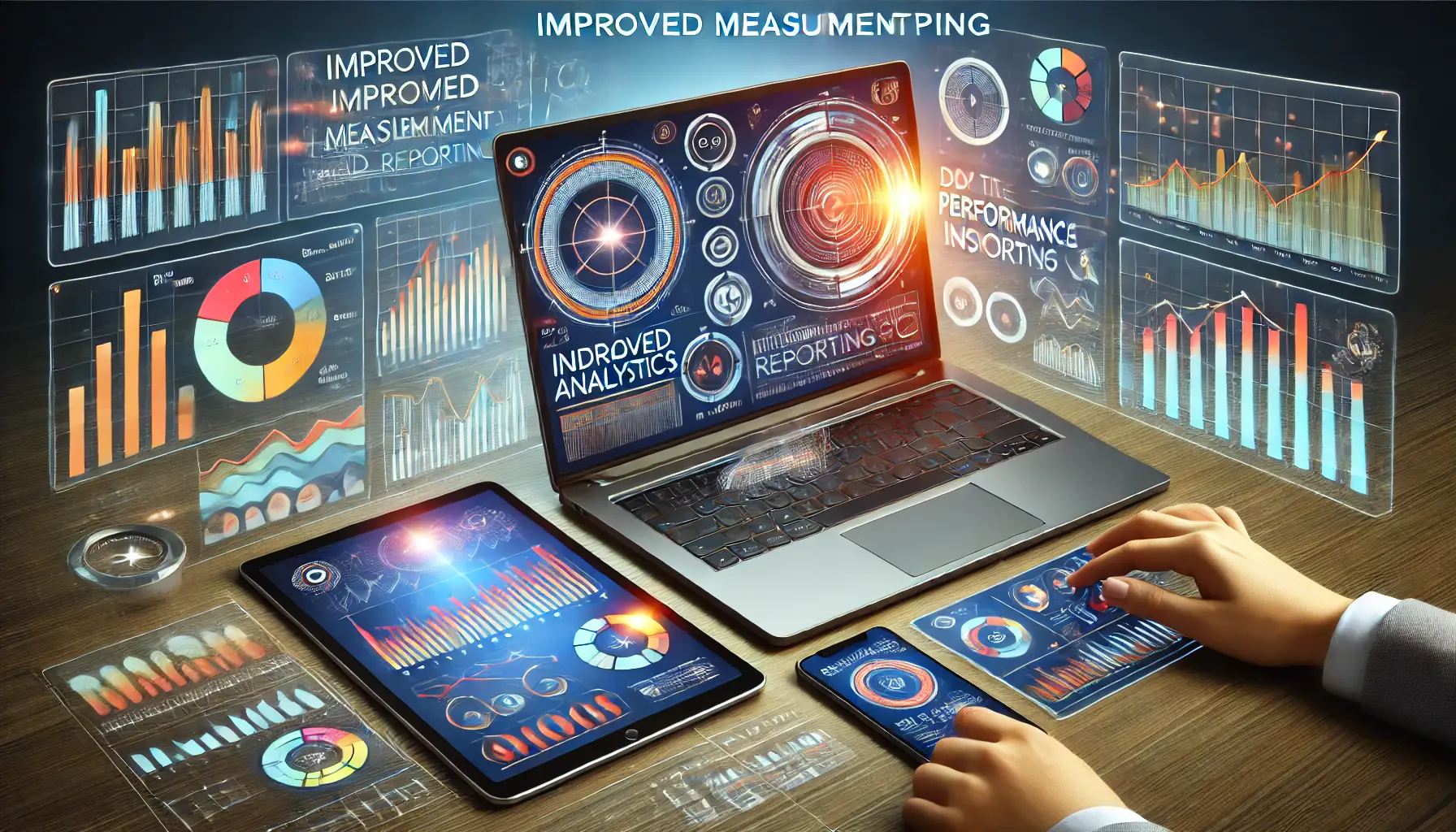 Visualization of improved measurement and reporting with digital devices displaying analytics dashboards.