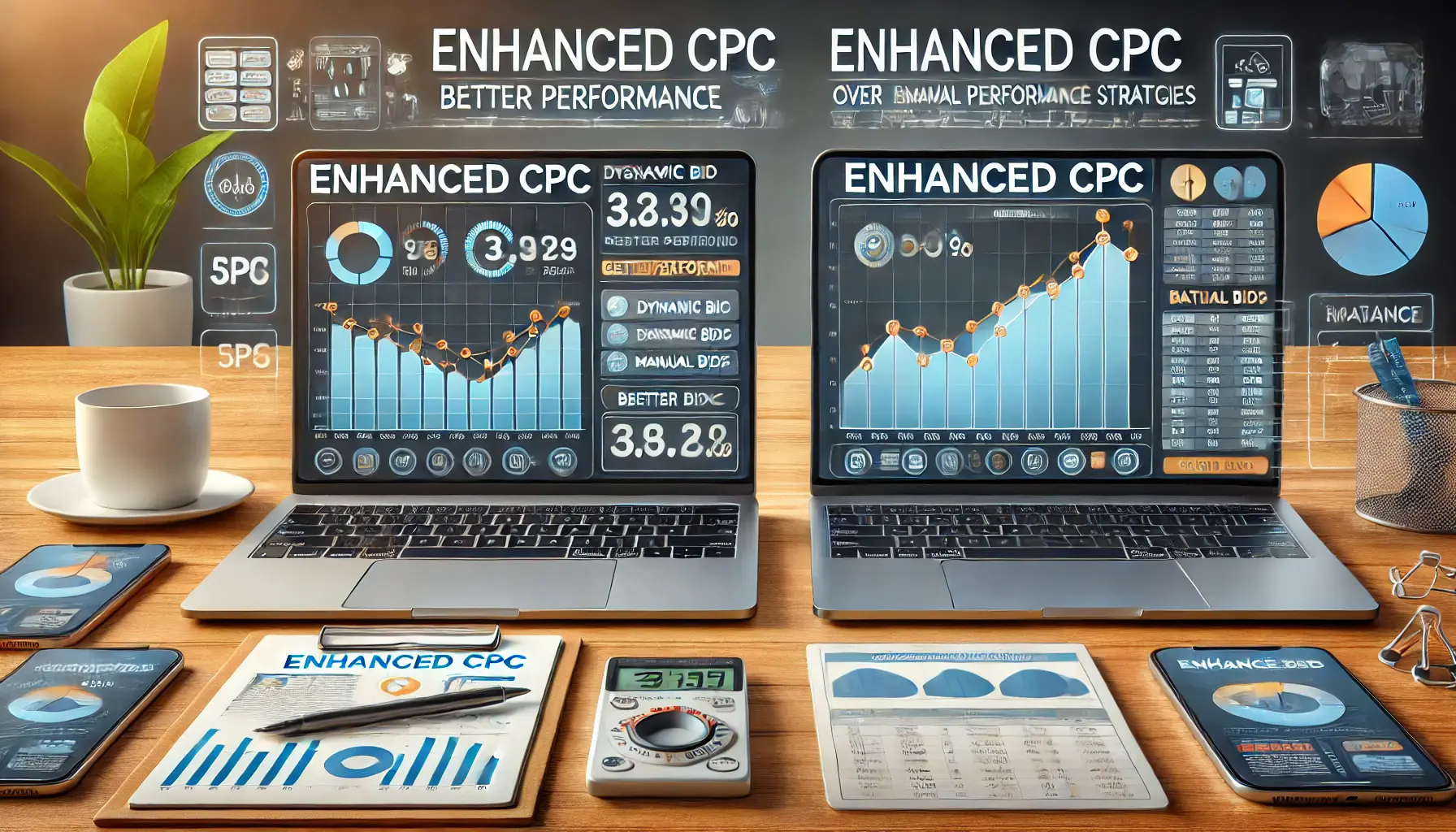 A digital marketing workspace showing two laptops: one displaying Enhanced CPC with dynamic bid adjustments and better performance metrics, and the other showing a static manual bidding spreadsheet.