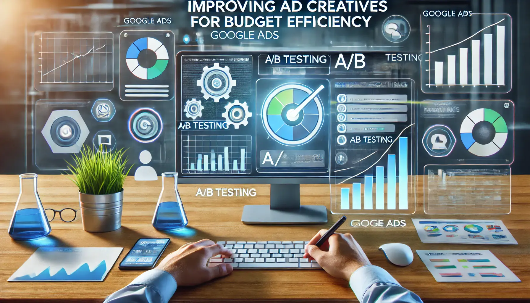 Digital workspace showing optimization tools for ad creatives, including sliders, A/B testing icons, and performance graphs.