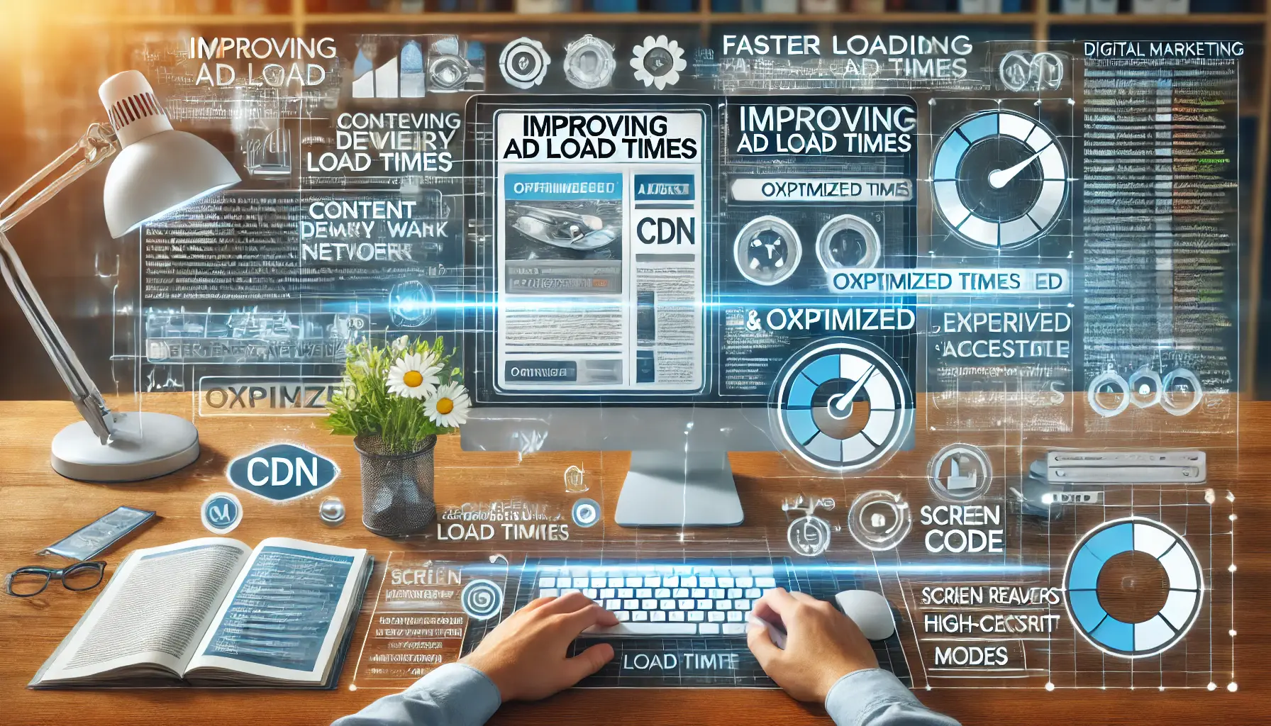 Image showing a digital ad being optimized for faster loading on multiple devices, with visual elements representing content delivery networks and accessibility testing tools.