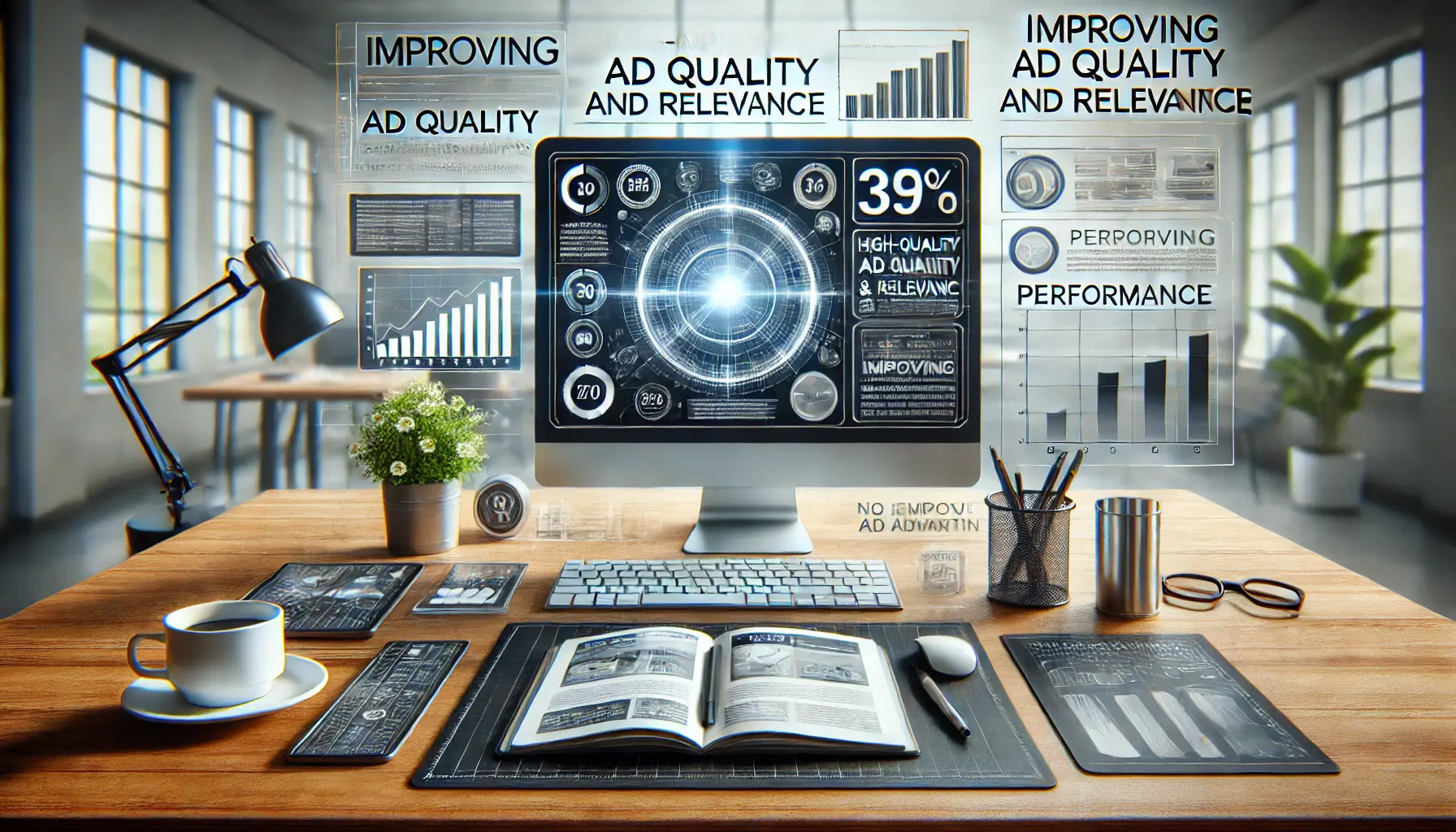 A digital marketing workspace with a computer displaying a high-quality ad campaign design, surrounded by design tools like a tablet, notebook, coffee cup, and performance analytics.