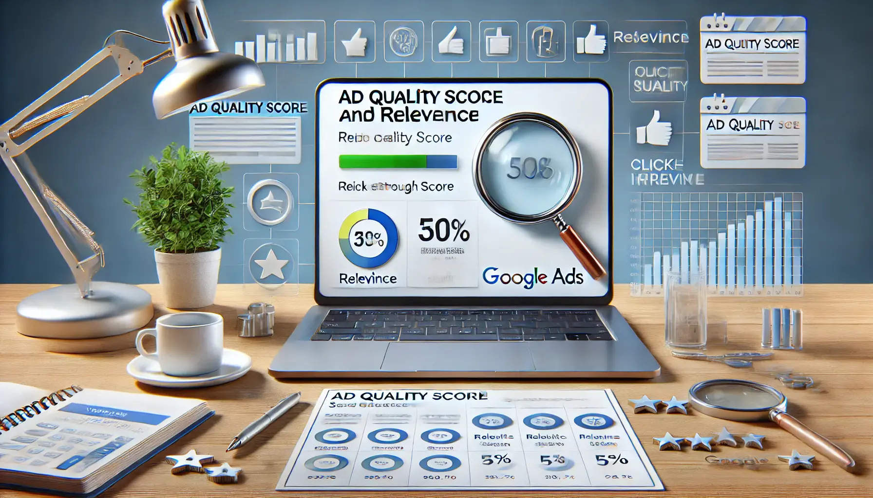 A workspace featuring a laptop showing an ad quality score dashboard with metrics, surrounded by product images and a magnifying glass symbolizing refinement.