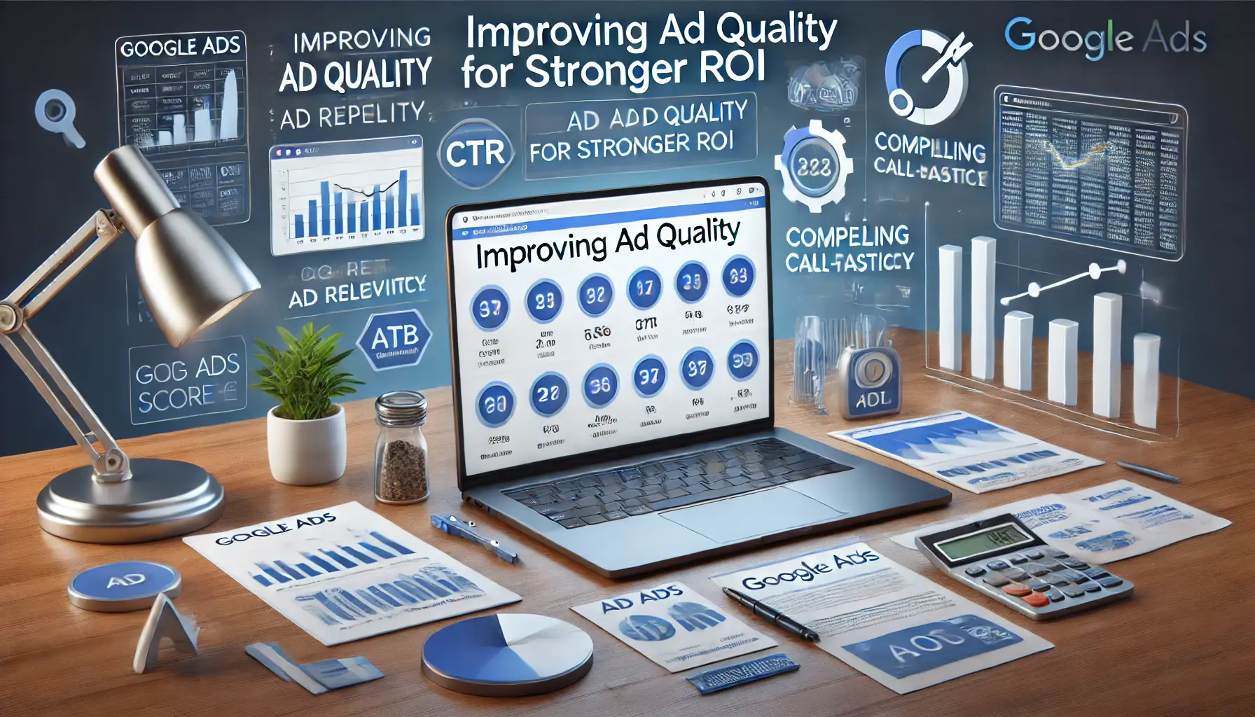 A digital marketing workspace showing a Google Ads campaign dashboard with performance metrics like CTR, ad relevance, and quality score, surrounded by optimization icons.