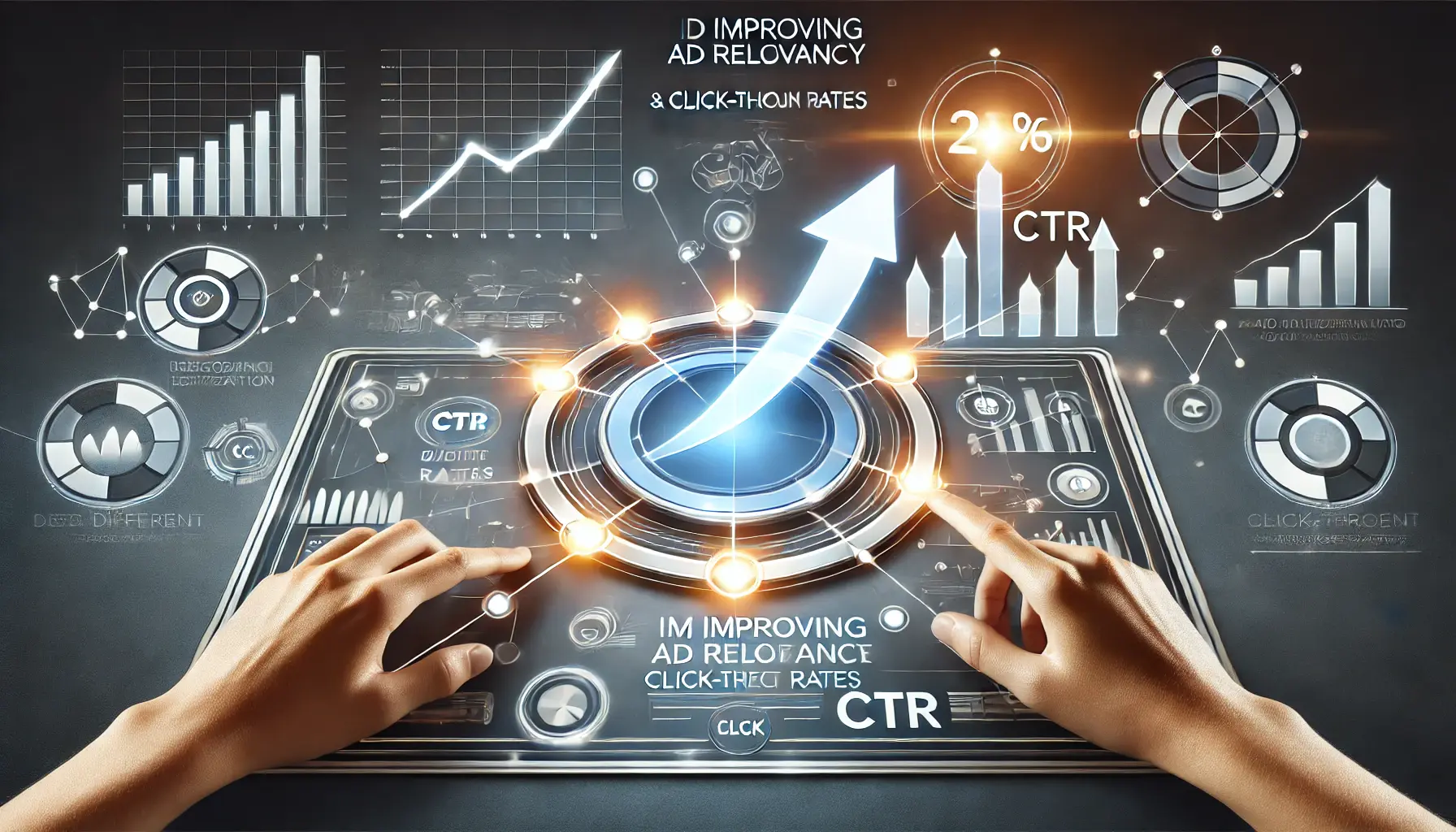 A visual representation of improving ad relevance and CTR in digital advertising, showcasing ad optimization, glowing arrows, and upward performance indicators.