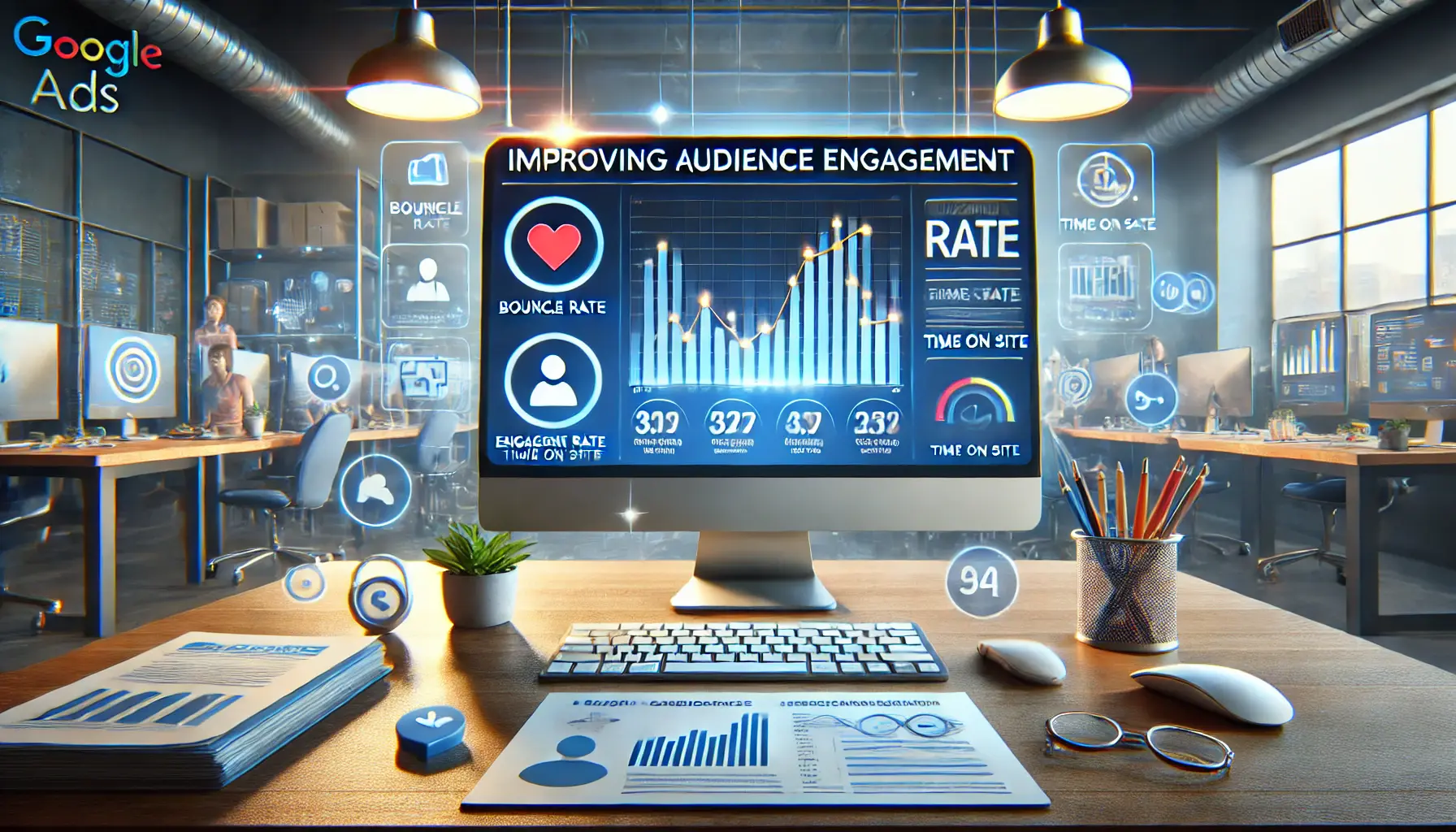 A workspace with a desktop displaying analytics dashboards focused on improving audience engagement in Google Ads campaigns.