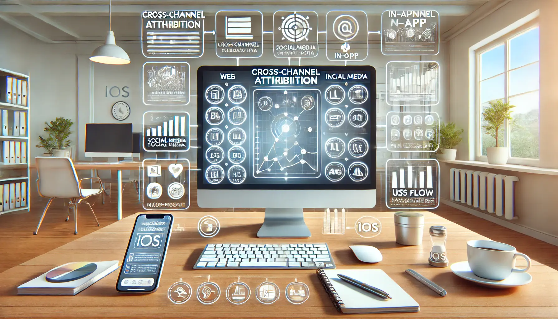 A workspace with a computer displaying cross-channel attribution data for iOS campaigns, including web, social media, and in-app sources.