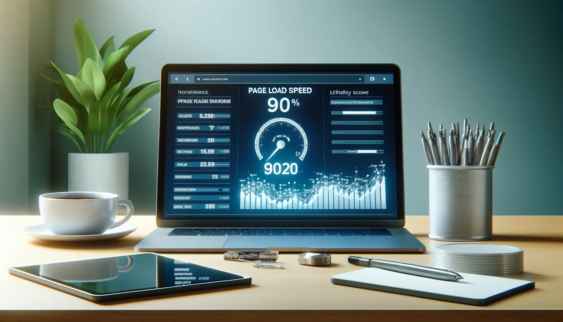 A digital marketing workspace with a laptop displaying website performance data focused on load speed optimization.