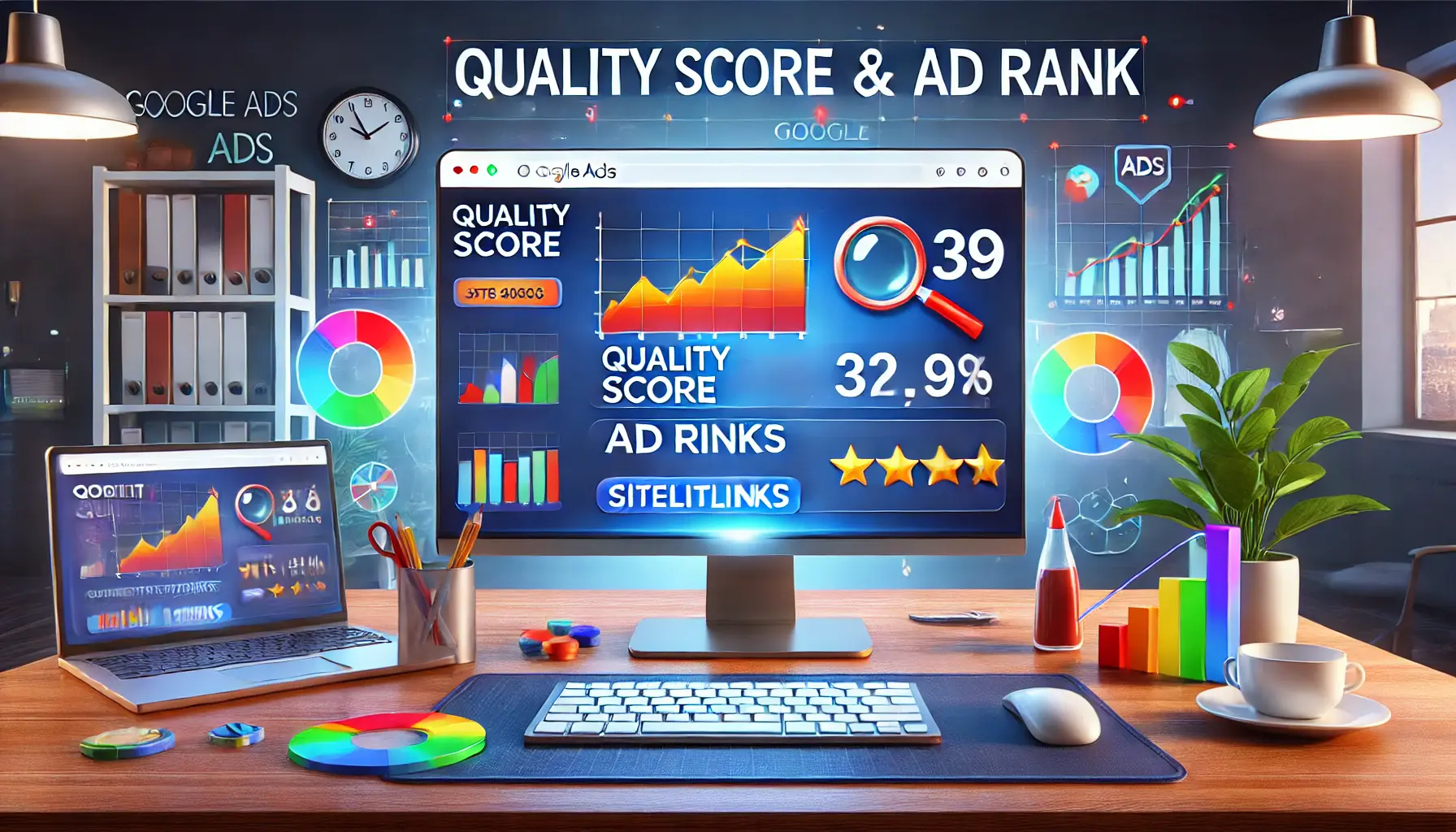 A Google Ads dashboard displaying Quality Score and Ad Rank metrics, with an ad featuring sitelinks to emphasize their optimization.