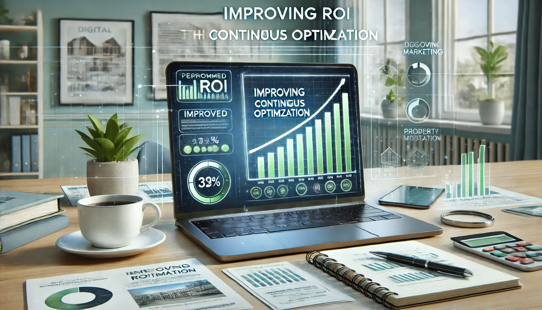 A digital marketing workspace with a laptop displaying performance graphs and metrics showing improved ROI through optimization.