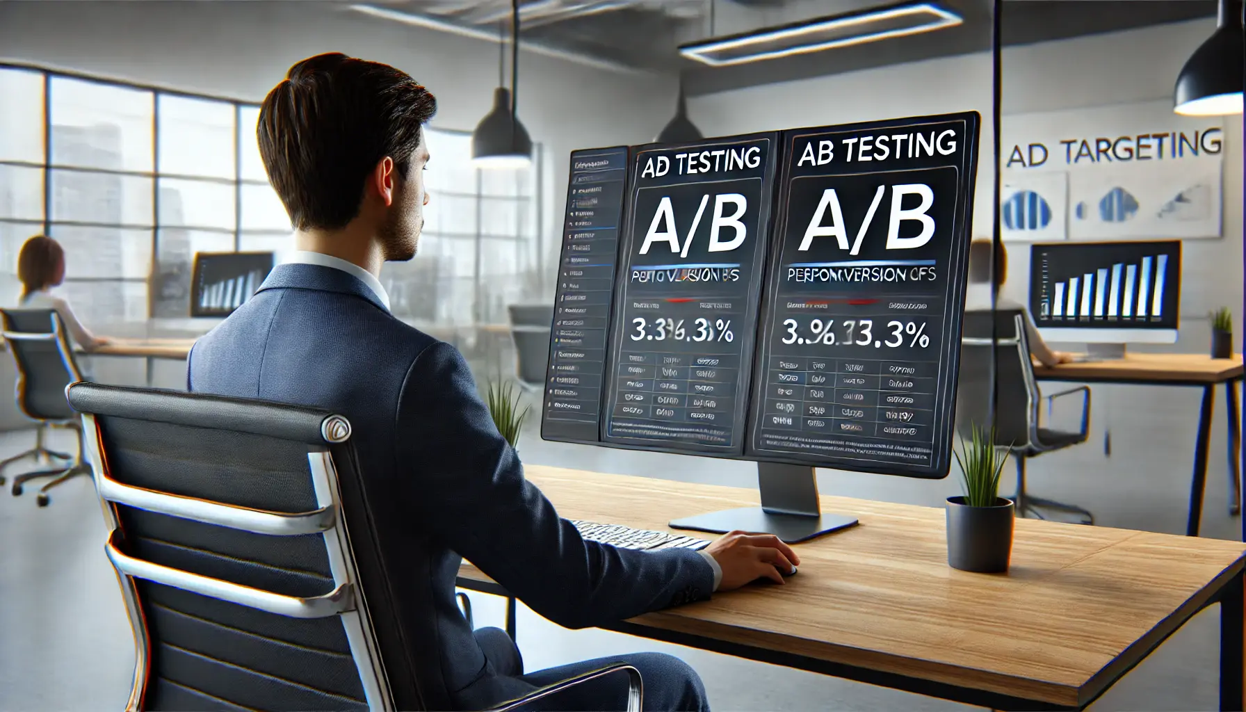 A digital marketer conducting A/B testing, comparing two ad versions and their performance data in a modern office.